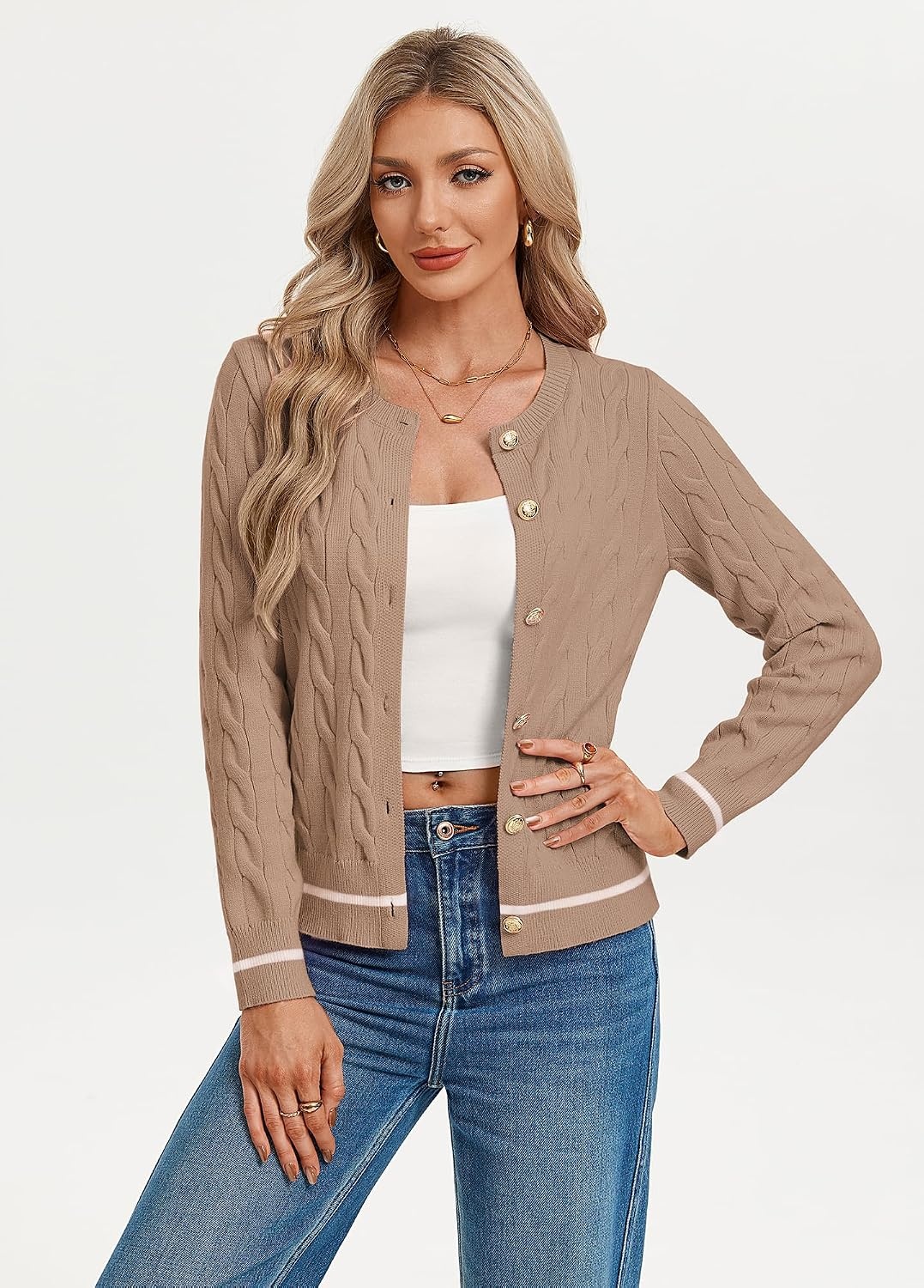 image:imageGRACE KARIN Womens Cable Knit Cardigan Button Up Sweaters Lightweight Fall Fashion Clothing Business Casual OutfitsKhaki White Striped