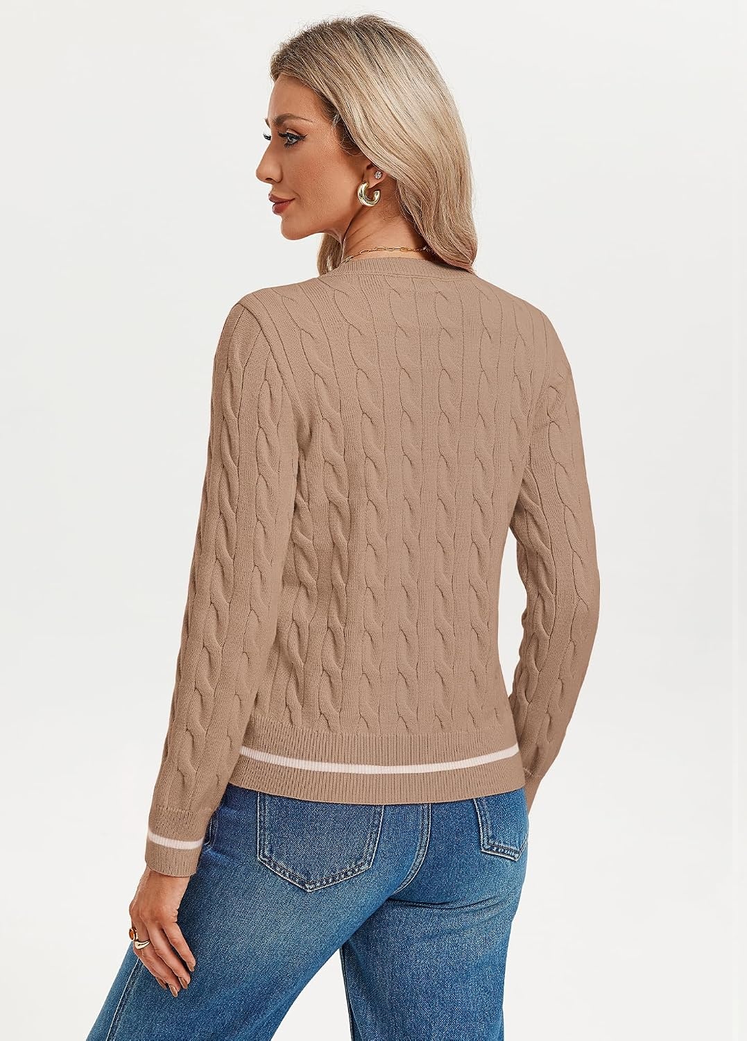 image:imageGRACE KARIN Womens Cable Knit Cardigan Button Up Sweaters Lightweight Fall Fashion Clothing Business Casual OutfitsKhaki White Striped