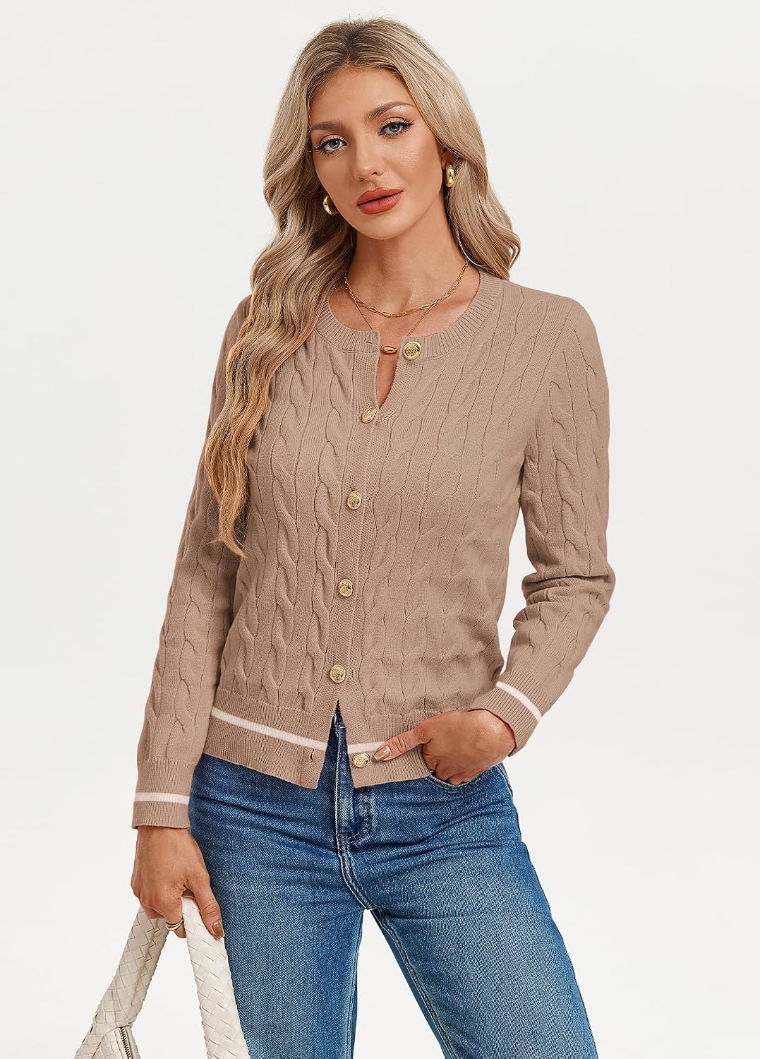 image:imageGRACE KARIN Womens Cable Knit Cardigan Button Up Sweaters Lightweight Fall Fashion Clothing Business Casual OutfitsKhaki White Striped