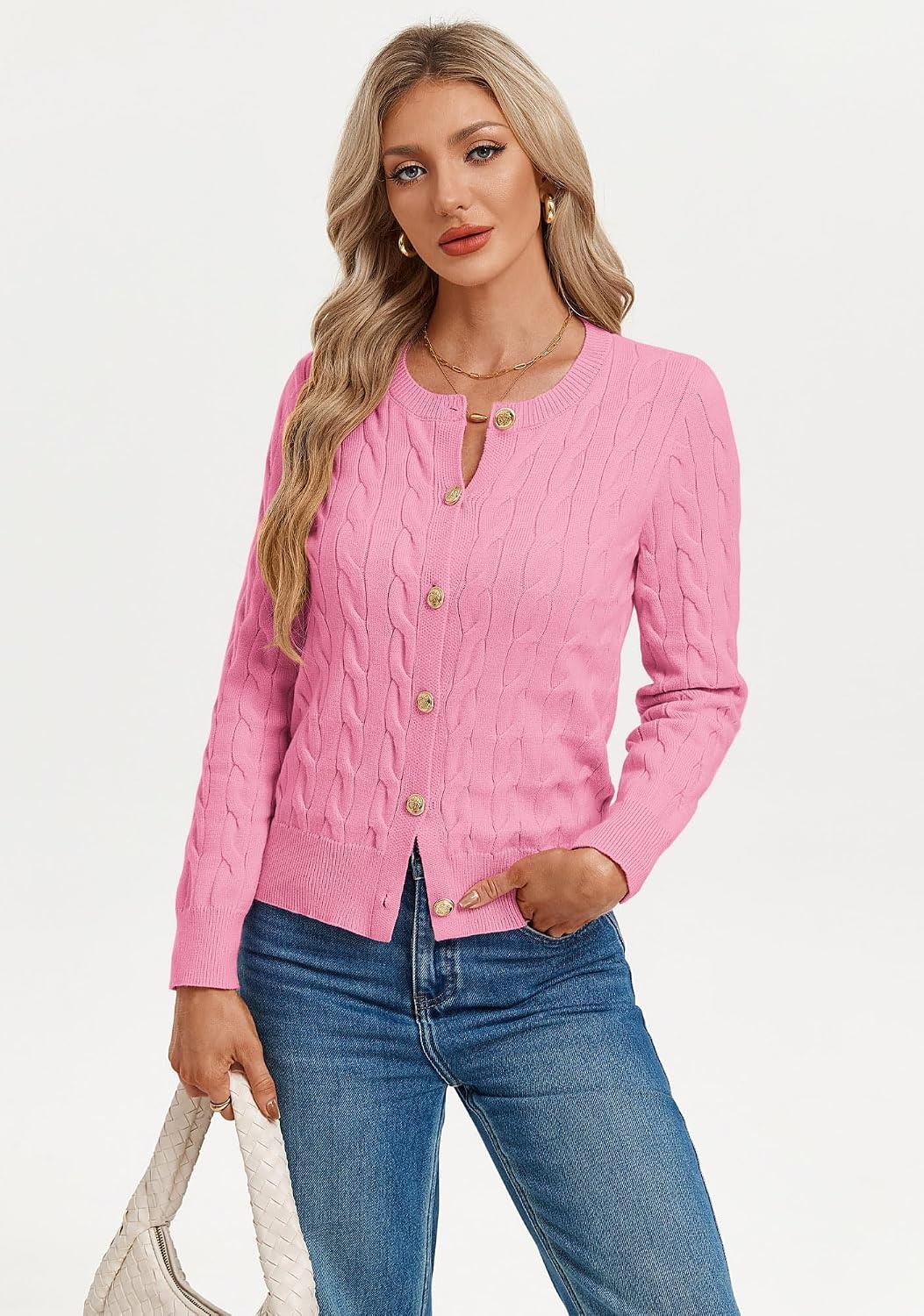 image:imageGRACE KARIN Womens Cable Knit Cardigan Button Up Sweaters Lightweight Fall Fashion Clothing Business Casual OutfitsPink