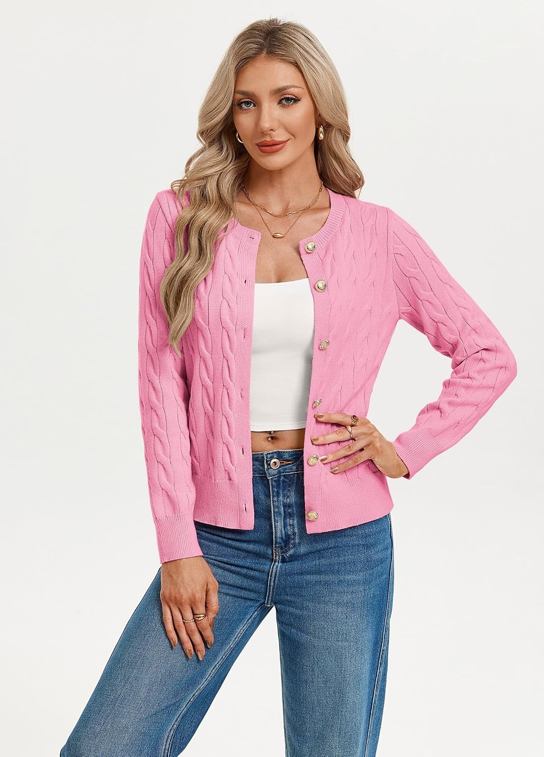image:imageGRACE KARIN Womens Cable Knit Cardigan Button Up Sweaters Lightweight Fall Fashion Clothing Business Casual OutfitsPink