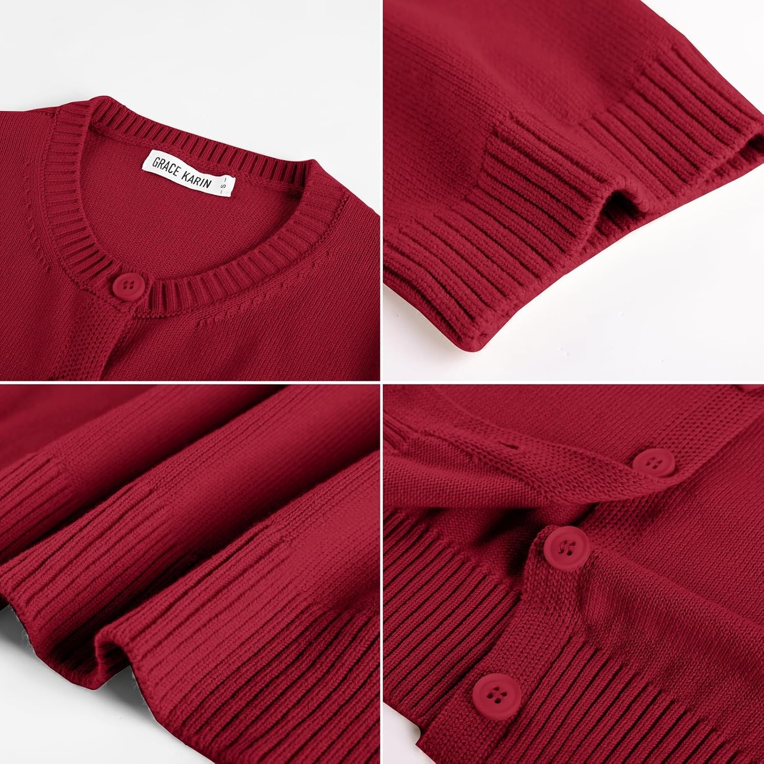 image:imageGRACE KARIN Womens Casual Short Sleeve Cardigan Summer Button Up Sweater 2026 Button Down Cropped Shrug SweaterCrew Neck Ribbed Knit Sweaters Suitable for daliybusiness casualofficeRed