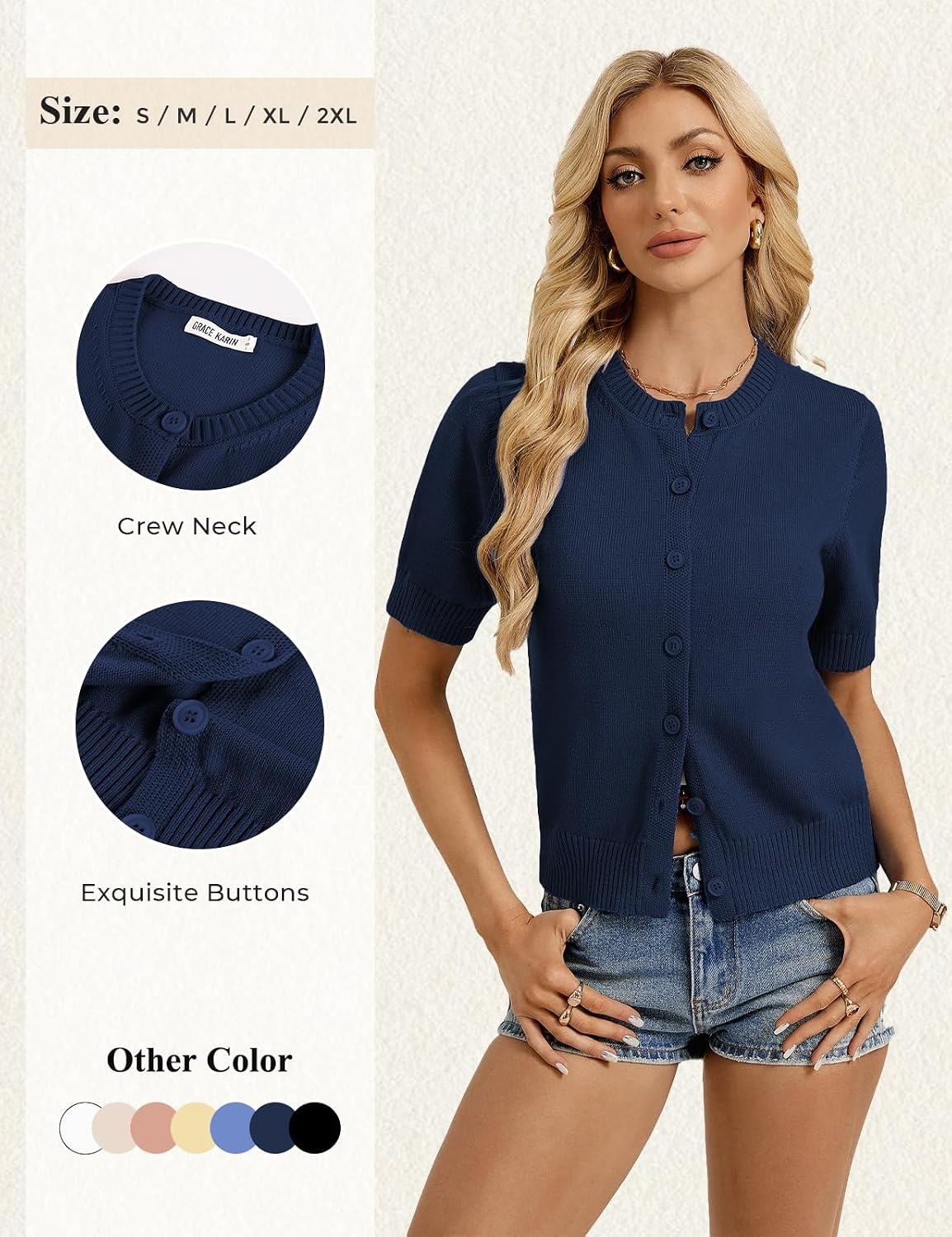 image:imageGRACE KARIN Womens Casual Short Sleeve Cardigan Summer Button Up Sweater 2026 Button Down Cropped Shrug SweaterCrew Neck Ribbed Knit Sweaters Suitable for daliybusiness casualofficeNavy Blue