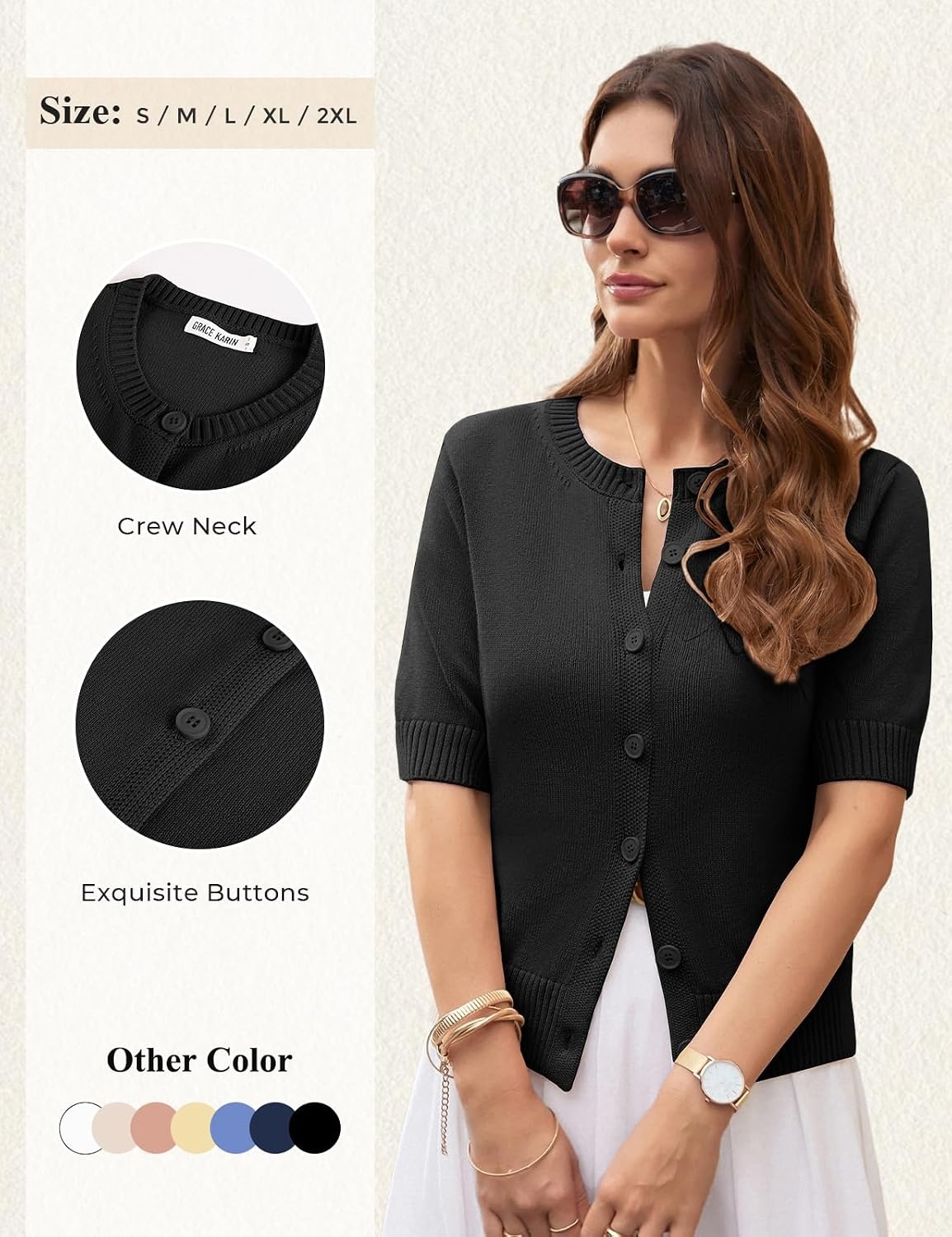 image:imageGRACE KARIN Womens Casual Short Sleeve Cardigan Summer Button Up Sweater 2026 Button Down Cropped Shrug SweaterCrew Neck Ribbed Knit Sweaters Suitable for daliybusiness casualofficeBlack