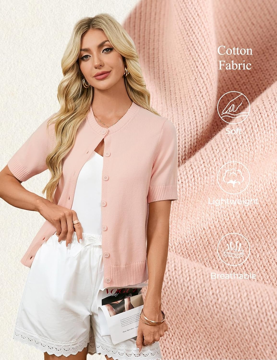 image:imageGRACE KARIN Womens Casual Short Sleeve Cardigan Summer Button Up Sweater 2026 Button Down Cropped Shrug SweaterCrew Neck Ribbed Knit Sweaters Suitable for daliybusiness casualofficePink