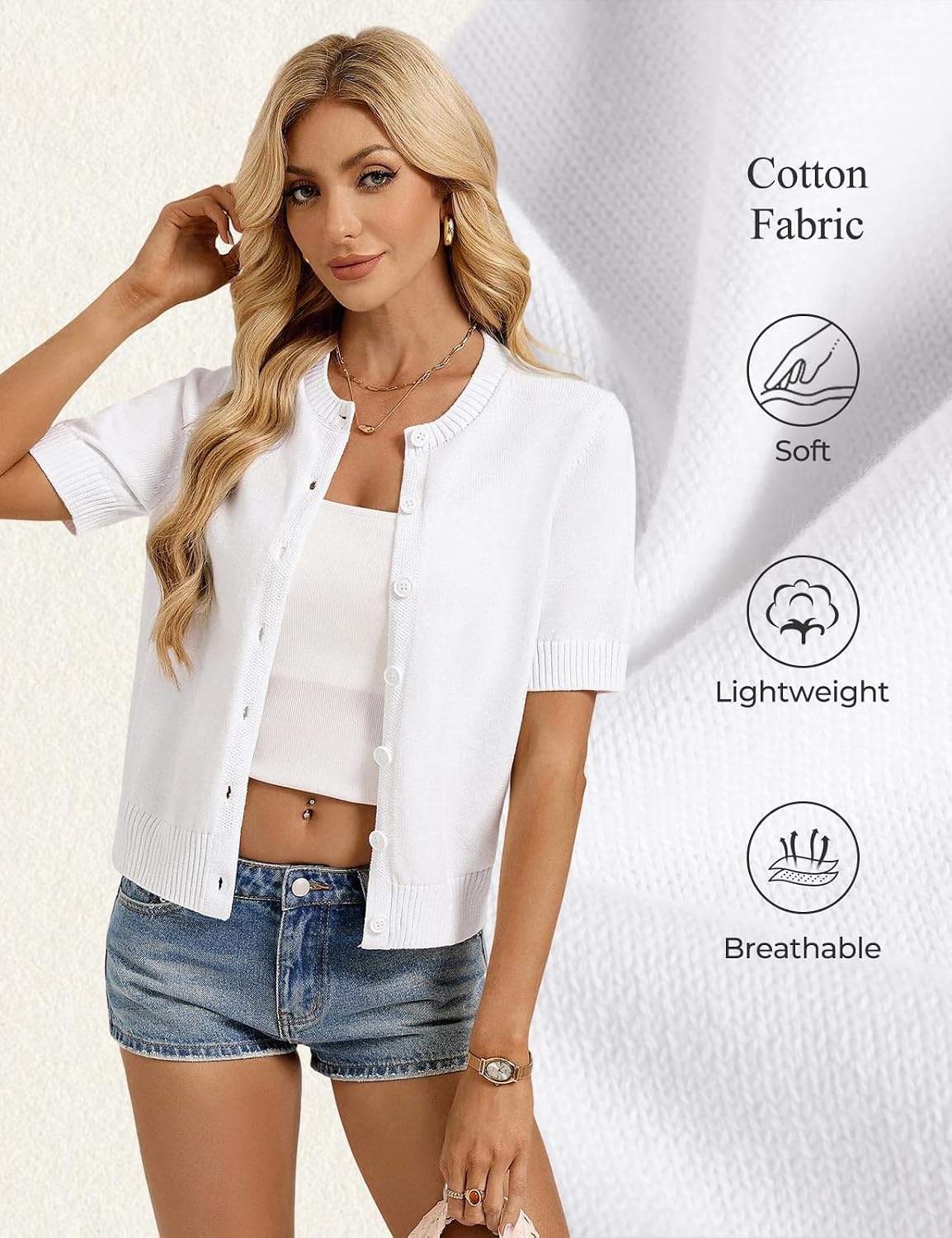 image:imageGRACE KARIN Womens Casual Short Sleeve Cardigan Summer Button Up Sweater 2026 Button Down Cropped Shrug SweaterCrew Neck Ribbed Knit Sweaters Suitable for daliybusiness casualofficeWhite