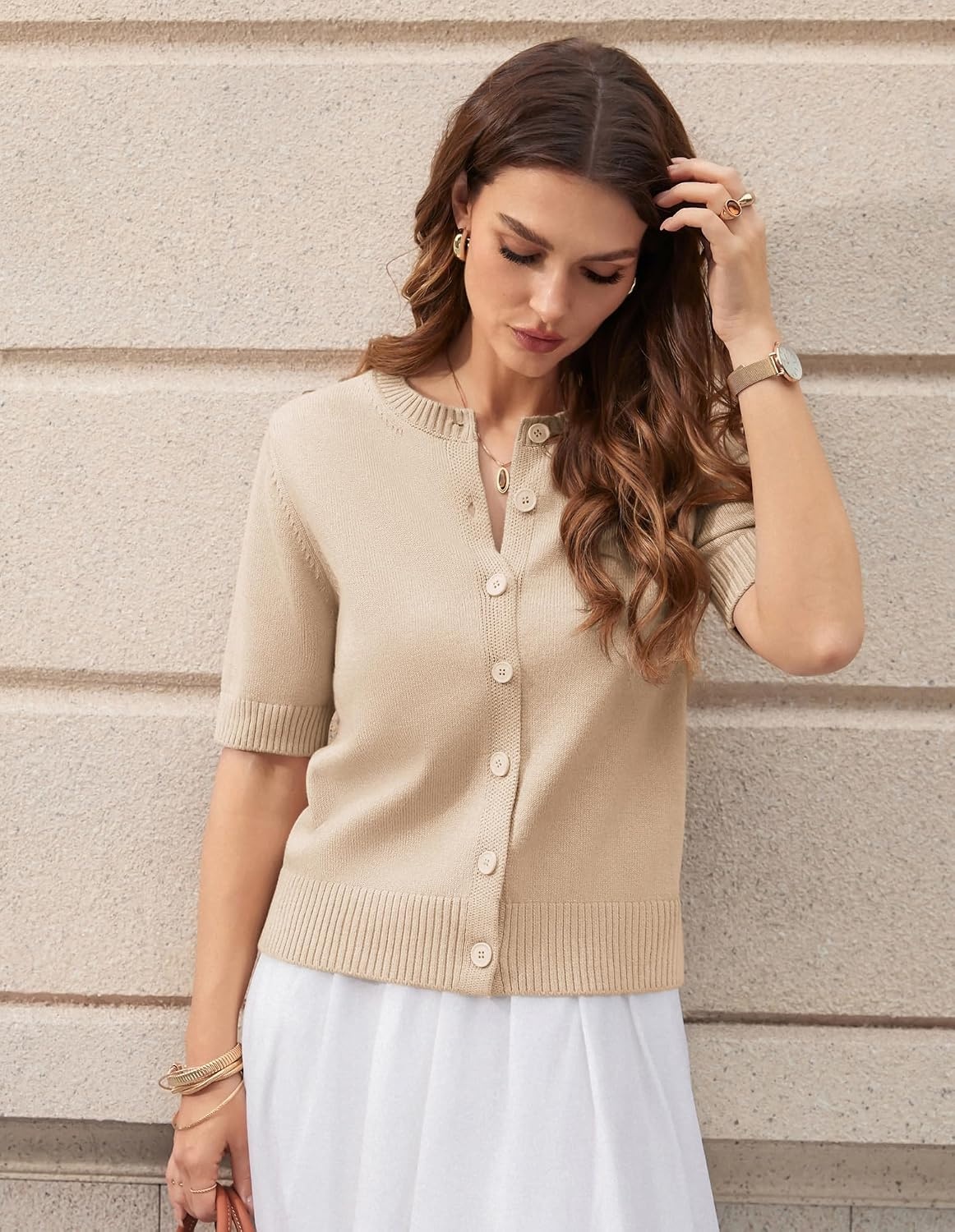 image:imageGRACE KARIN Womens Casual Short Sleeve Cardigan Summer Button Up Sweater 2026 Button Down Cropped Shrug SweaterCrew Neck Ribbed Knit Sweaters Suitable for daliybusiness casualofficeKhaki