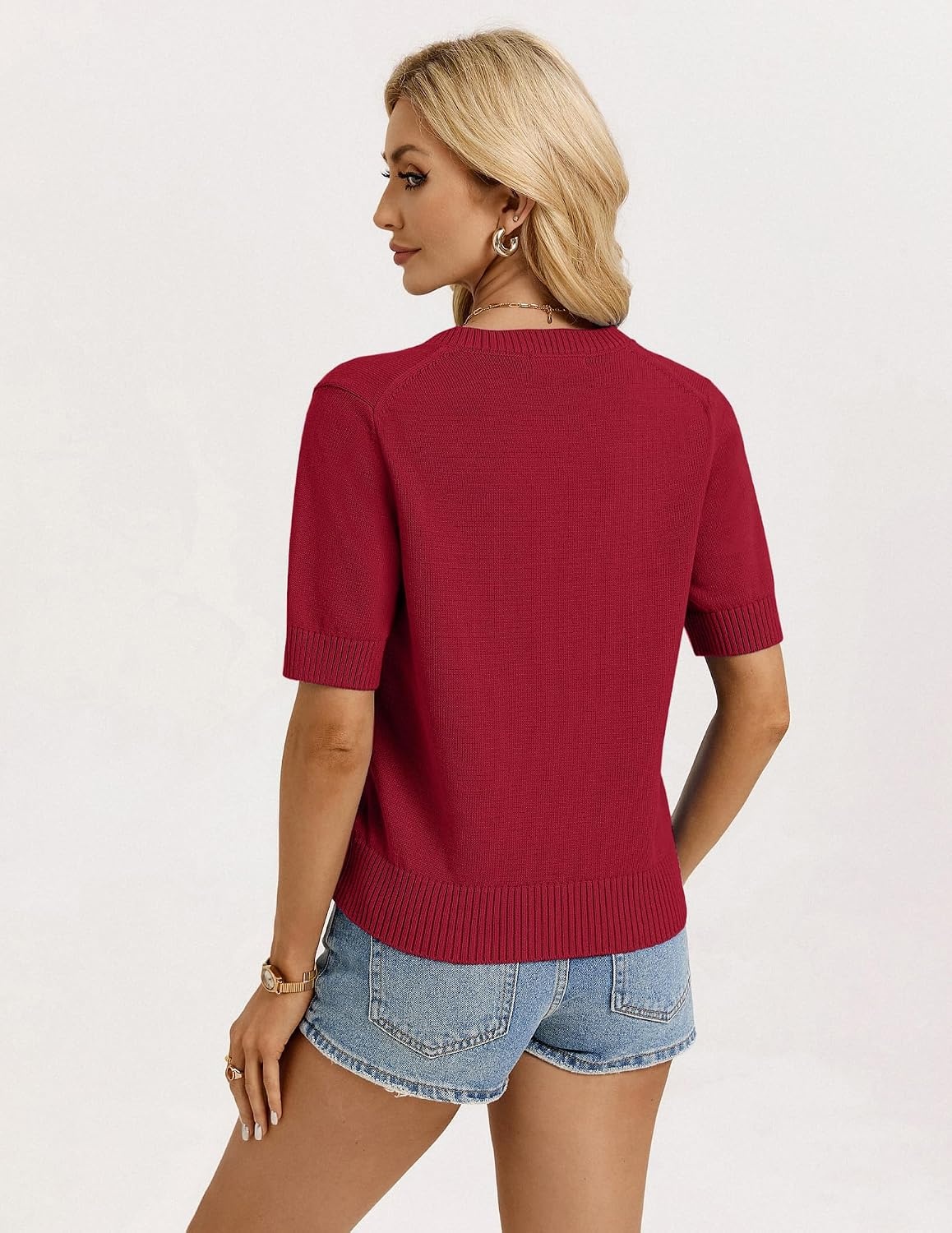 image:imageGRACE KARIN Womens Casual Short Sleeve Cardigan Summer Button Up Sweater 2026 Button Down Cropped Shrug SweaterCrew Neck Ribbed Knit Sweaters Suitable for daliybusiness casualofficeRed