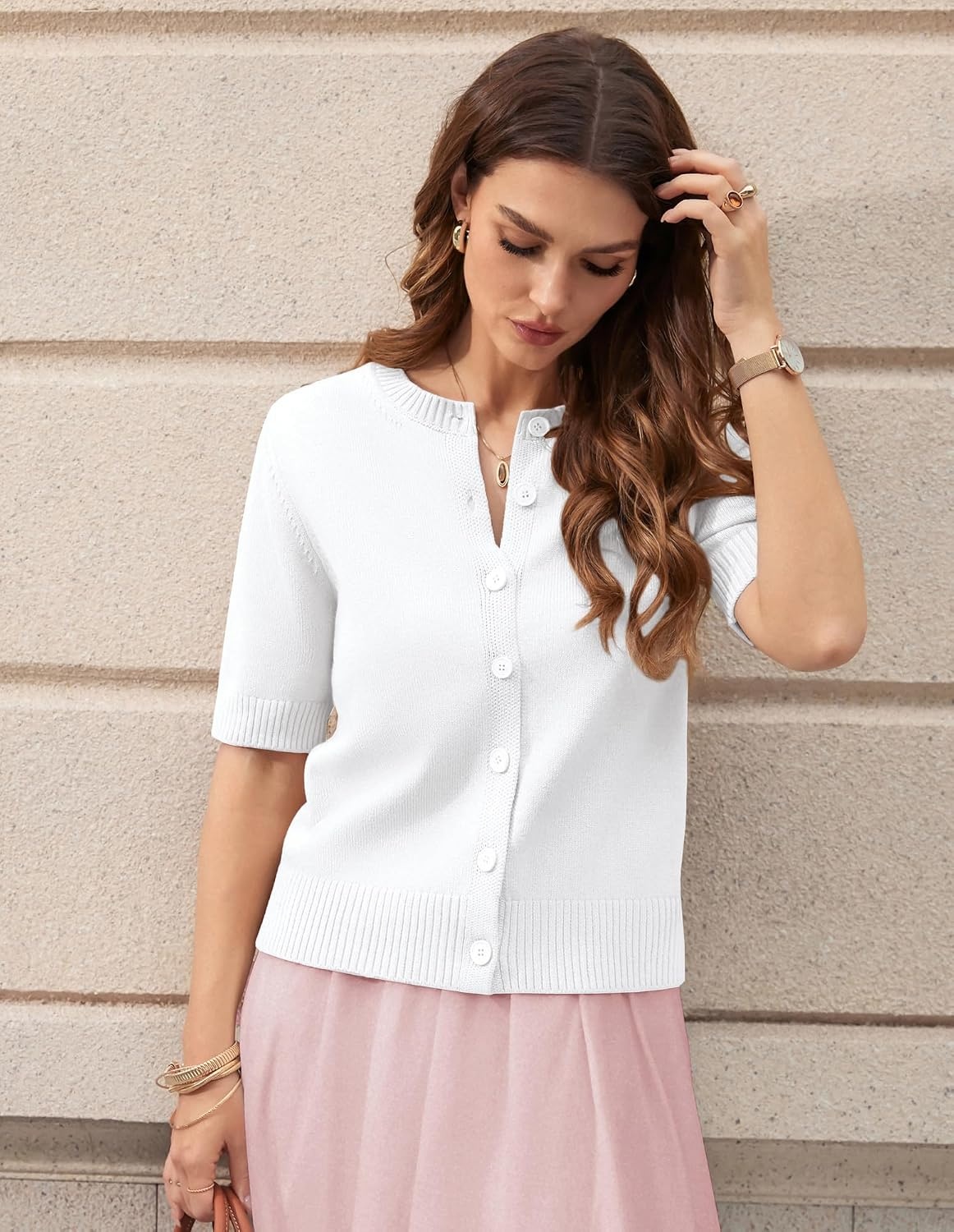 image:imageGRACE KARIN Womens Casual Short Sleeve Cardigan Summer Button Up Sweater 2026 Button Down Cropped Shrug SweaterCrew Neck Ribbed Knit Sweaters Suitable for daliybusiness casualofficeWhite