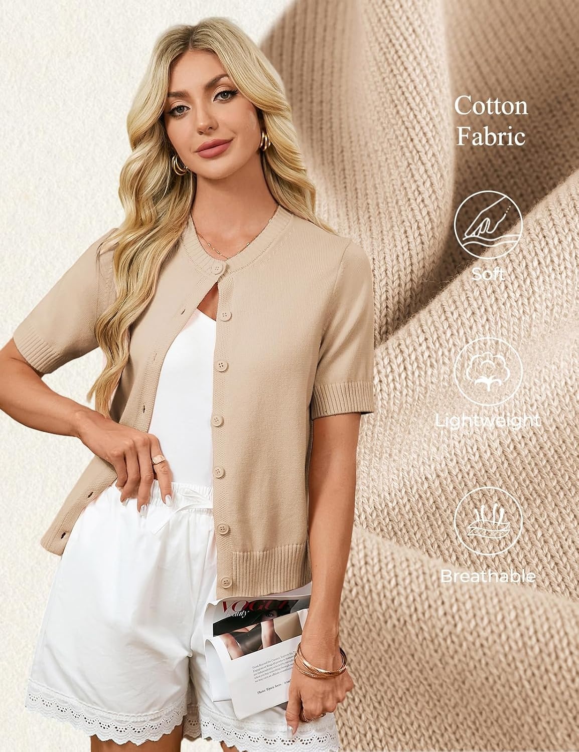 image:imageGRACE KARIN Womens Casual Short Sleeve Cardigan Summer Button Up Sweater 2026 Button Down Cropped Shrug SweaterCrew Neck Ribbed Knit Sweaters Suitable for daliybusiness casualofficeKhaki
