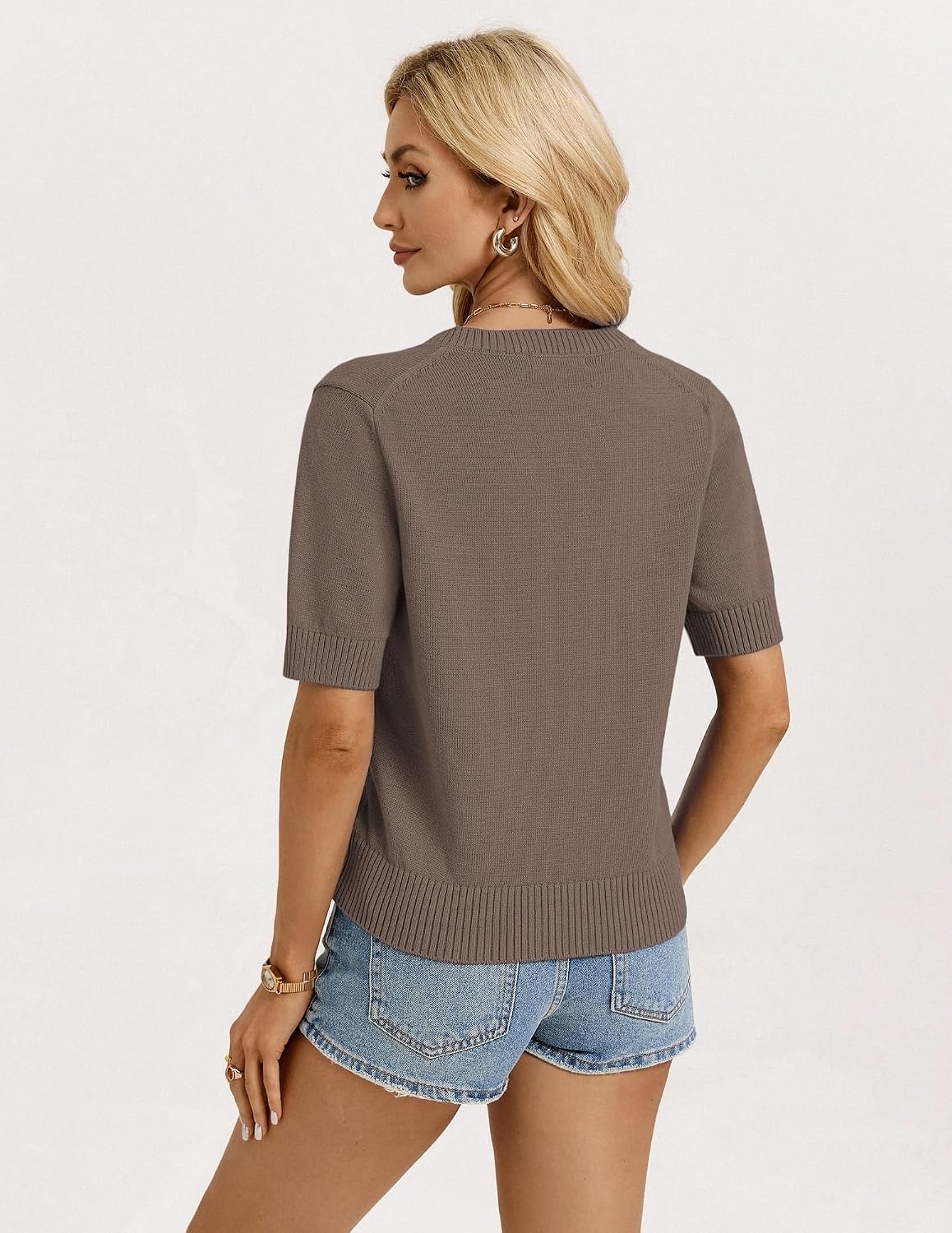 image:imageGRACE KARIN Womens Casual Short Sleeve Cardigan Summer Button Up Sweater 2026 Button Down Cropped Shrug SweaterCrew Neck Ribbed Knit Sweaters Suitable for daliybusiness casualofficeBrown