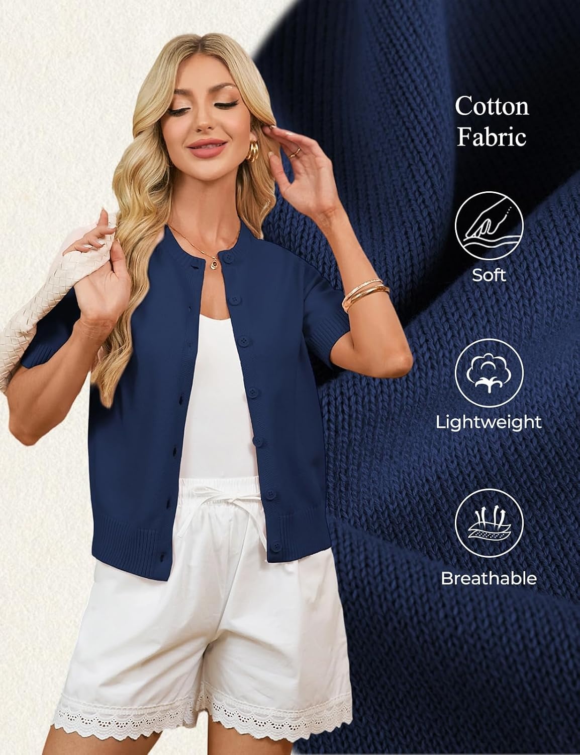 image:imageGRACE KARIN Womens Casual Short Sleeve Cardigan Summer Button Up Sweater 2026 Button Down Cropped Shrug SweaterCrew Neck Ribbed Knit Sweaters Suitable for daliybusiness casualofficeNavy Blue