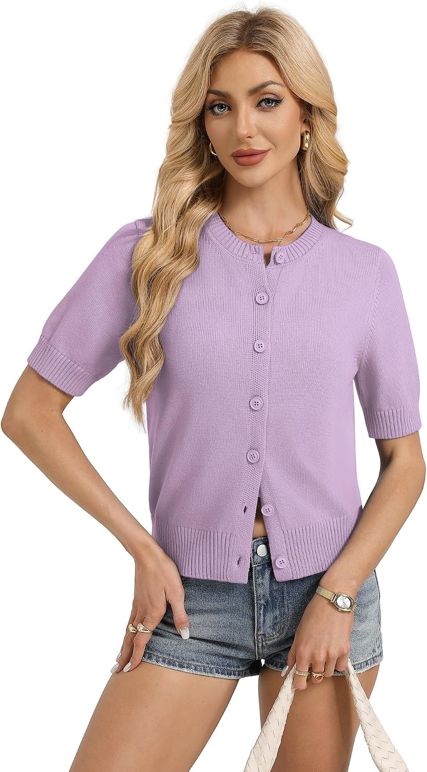 image:imageGRACE KARIN Womens Casual Short Sleeve Cardigan Summer Button Up Sweater 2026 Button Down Cropped Shrug SweaterCrew Neck Ribbed Knit Sweaters Suitable for daliybusiness casualofficeLight Purple