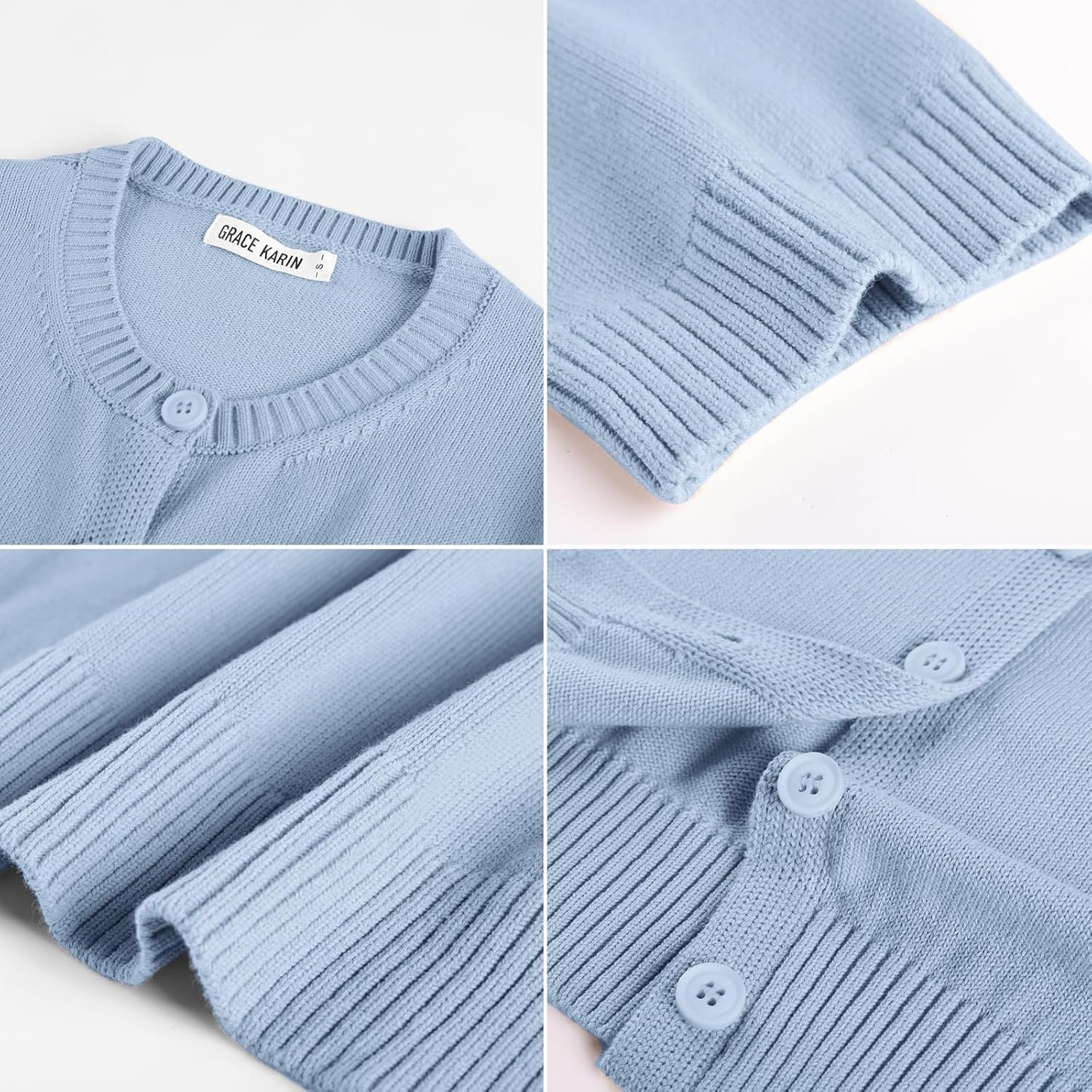 image:imageGRACE KARIN Womens Casual Short Sleeve Cardigan Summer Button Up Sweater 2026 Button Down Cropped Shrug SweaterCrew Neck Ribbed Knit Sweaters Suitable for daliybusiness casualofficeLight Blue