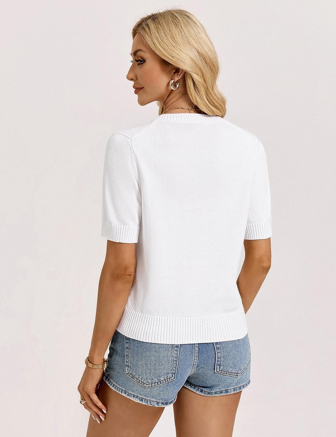 image:imageGRACE KARIN Womens Casual Short Sleeve Cardigan Summer Button Up Sweater 2026 Button Down Cropped Shrug SweaterCrew Neck Ribbed Knit Sweaters Suitable for daliybusiness casualofficeWhite