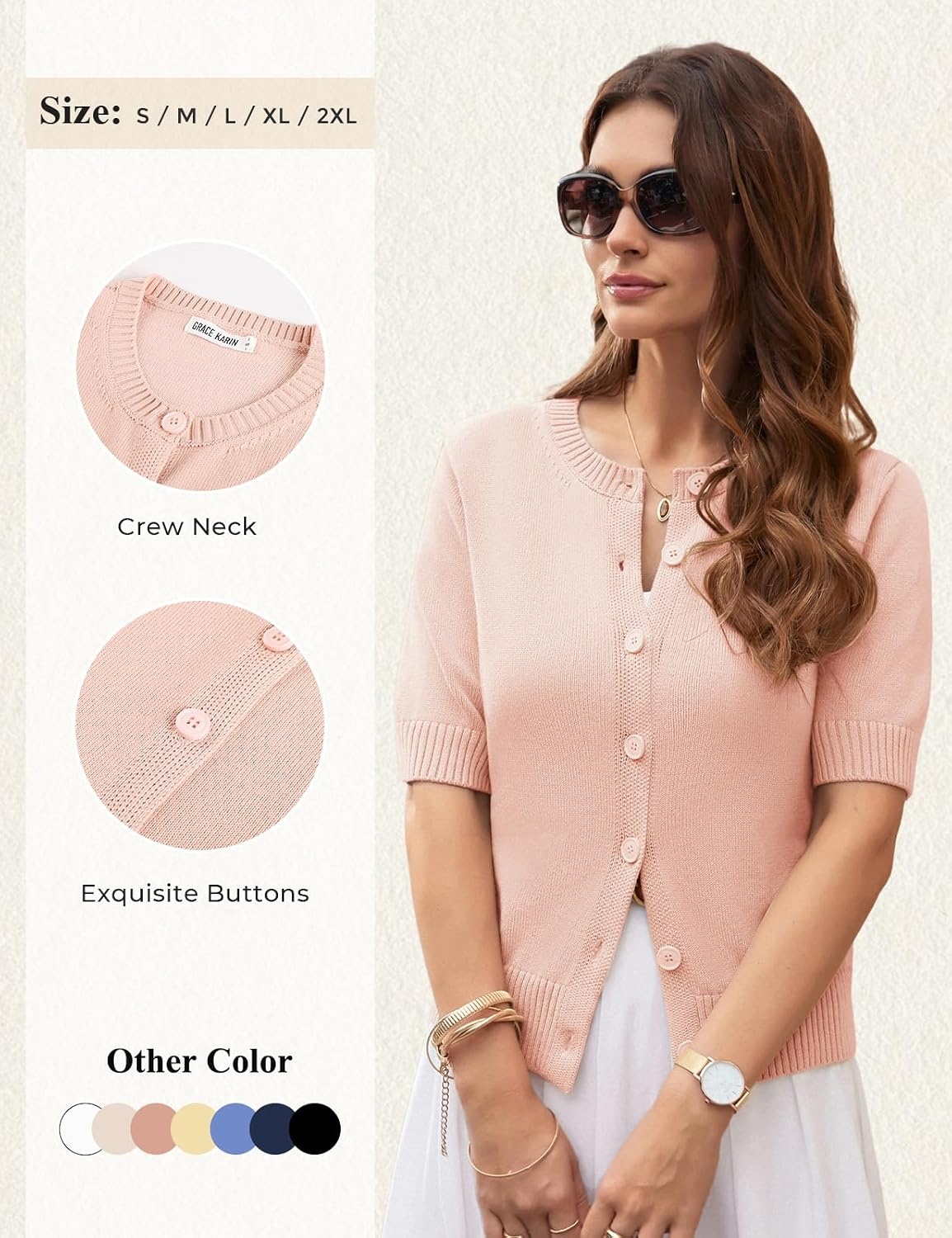 image:imageGRACE KARIN Womens Casual Short Sleeve Cardigan Summer Button Up Sweater 2026 Button Down Cropped Shrug SweaterCrew Neck Ribbed Knit Sweaters Suitable for daliybusiness casualofficePink