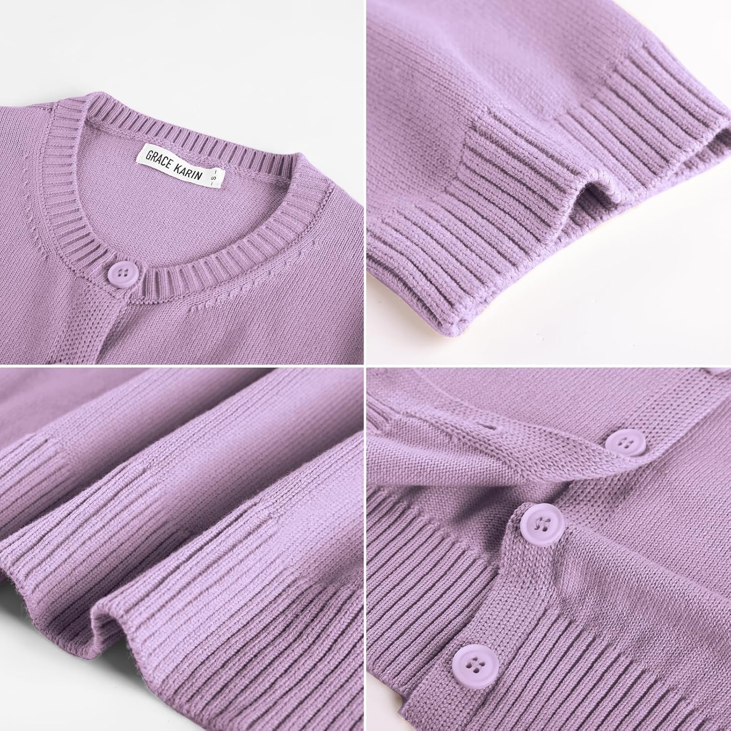 image:imageGRACE KARIN Womens Casual Short Sleeve Cardigan Summer Button Up Sweater 2026 Button Down Cropped Shrug SweaterCrew Neck Ribbed Knit Sweaters Suitable for daliybusiness casualofficeLight Purple