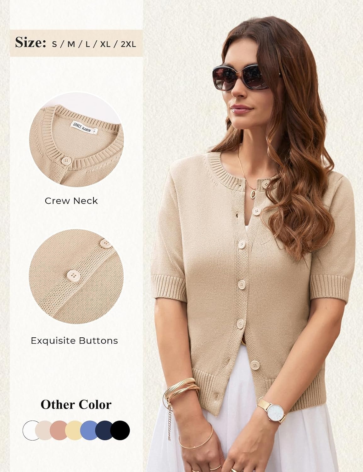image:imageGRACE KARIN Womens Casual Short Sleeve Cardigan Summer Button Up Sweater 2026 Button Down Cropped Shrug SweaterCrew Neck Ribbed Knit Sweaters Suitable for daliybusiness casualofficeKhaki