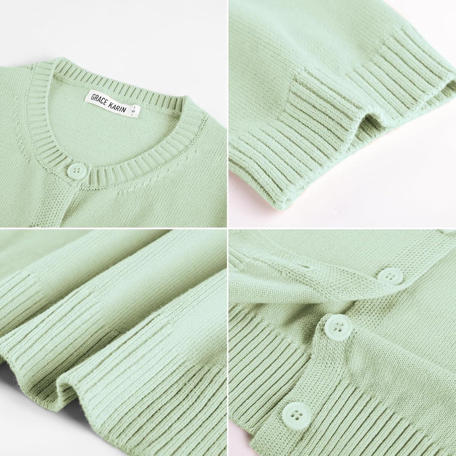 image:imageGRACE KARIN Womens Casual Short Sleeve Cardigan Summer Button Up Sweater 2026 Button Down Cropped Shrug SweaterCrew Neck Ribbed Knit Sweaters Suitable for daliybusiness casualofficeLight Green