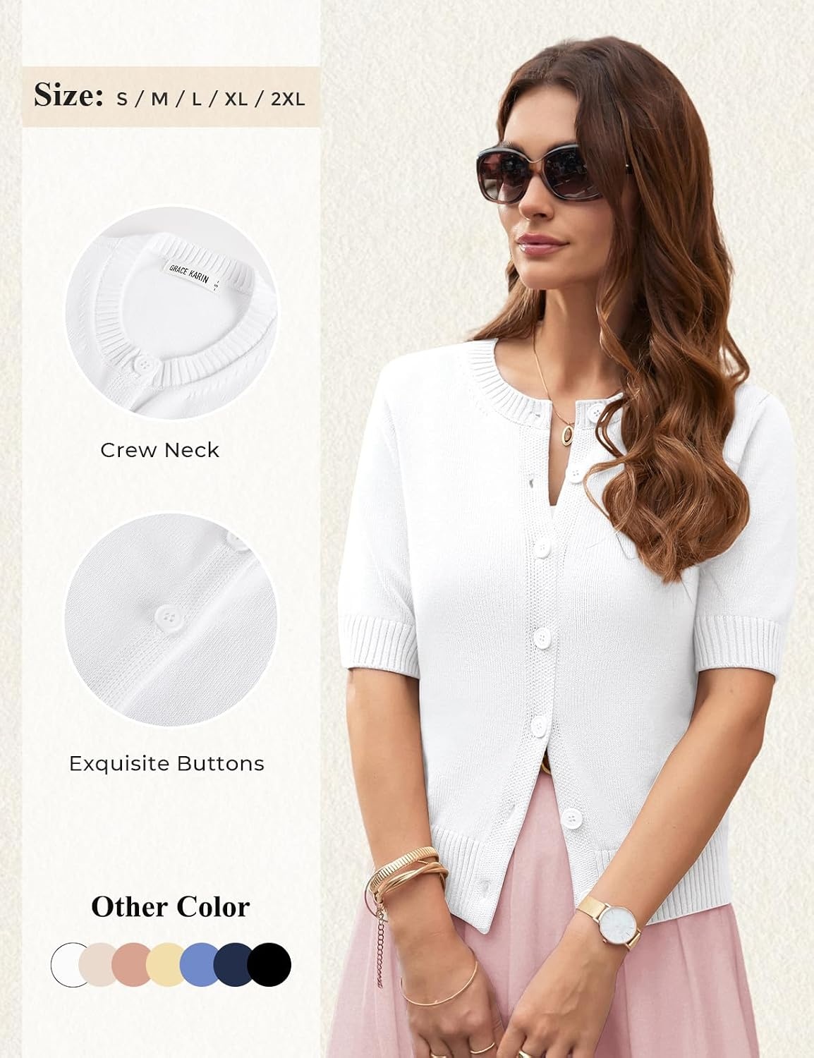 image:imageGRACE KARIN Womens Casual Short Sleeve Cardigan Summer Button Up Sweater 2026 Button Down Cropped Shrug SweaterCrew Neck Ribbed Knit Sweaters Suitable for daliybusiness casualofficeWhite