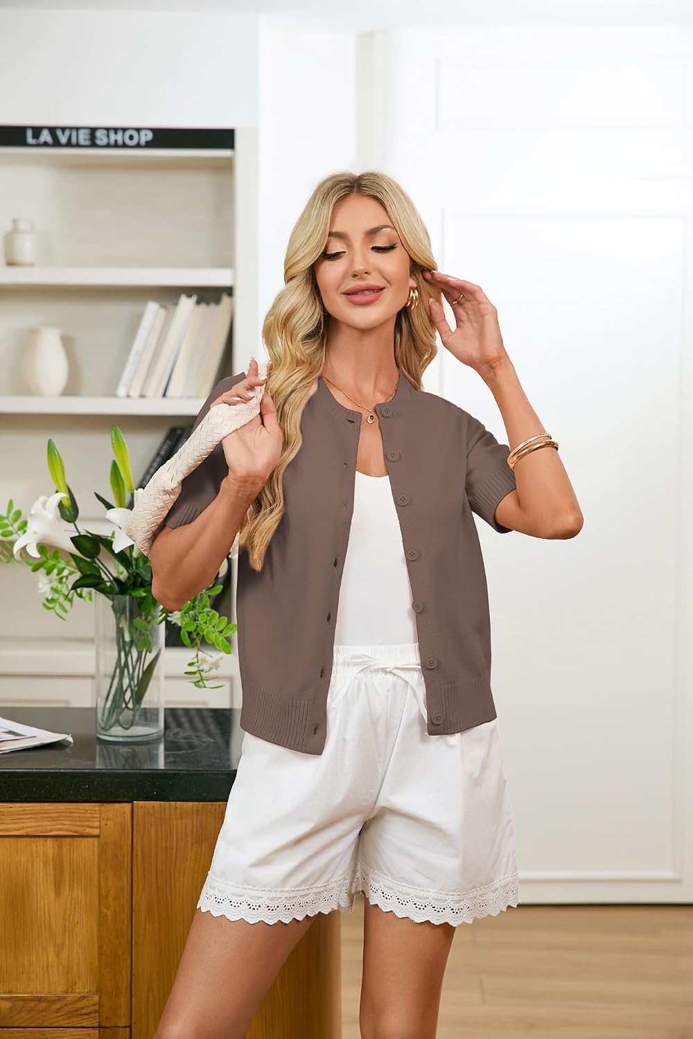 image:imageGRACE KARIN Womens Casual Short Sleeve Cardigan Summer Button Up Sweater 2026 Button Down Cropped Shrug SweaterCrew Neck Ribbed Knit Sweaters Suitable for daliybusiness casualofficeBrown