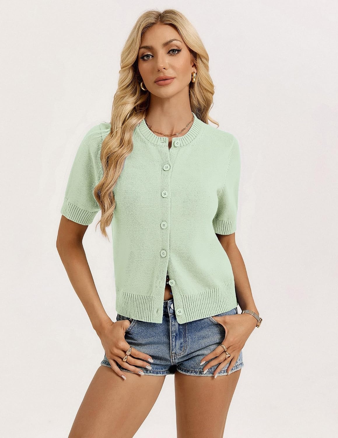image:imageGRACE KARIN Womens Casual Short Sleeve Cardigan Summer Button Up Sweater 2026 Button Down Cropped Shrug SweaterCrew Neck Ribbed Knit Sweaters Suitable for daliybusiness casualofficeLight Green