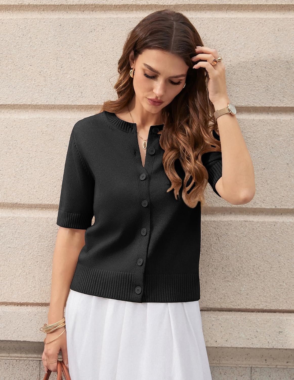 image:imageGRACE KARIN Womens Casual Short Sleeve Cardigan Summer Button Up Sweater 2026 Button Down Cropped Shrug SweaterCrew Neck Ribbed Knit Sweaters Suitable for daliybusiness casualofficeBlack
