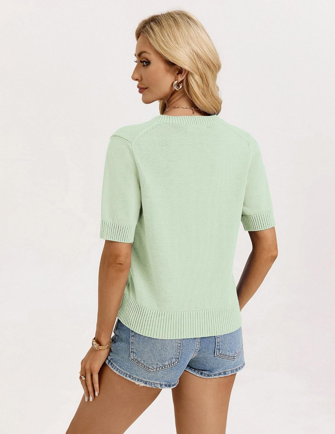 image:imageGRACE KARIN Womens Casual Short Sleeve Cardigan Summer Button Up Sweater 2026 Button Down Cropped Shrug SweaterCrew Neck Ribbed Knit Sweaters Suitable for daliybusiness casualofficeLight Green
