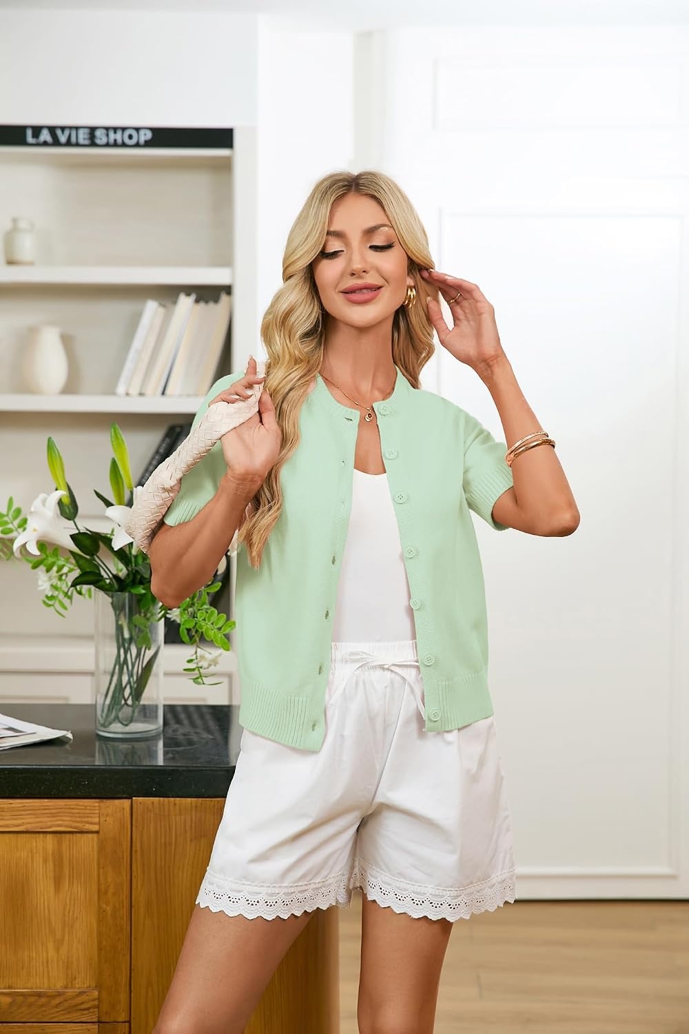 image:imageGRACE KARIN Womens Casual Short Sleeve Cardigan Summer Button Up Sweater 2026 Button Down Cropped Shrug SweaterCrew Neck Ribbed Knit Sweaters Suitable for daliybusiness casualofficeLight Green