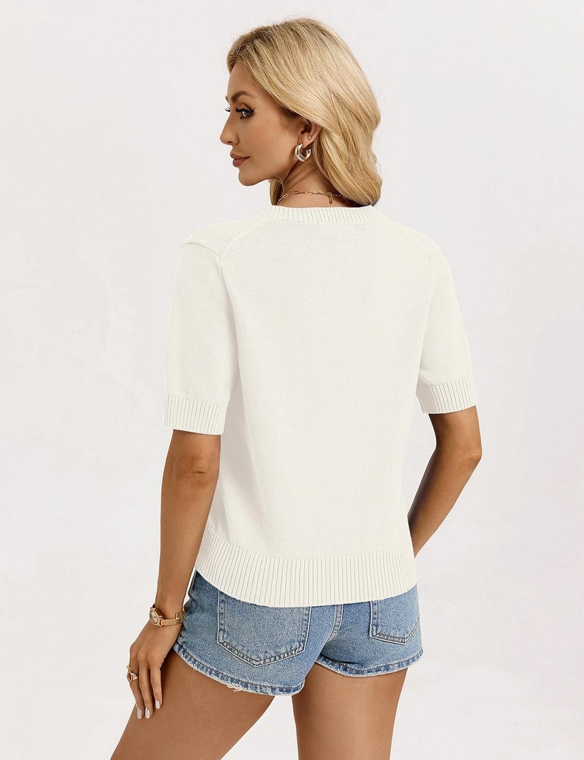 image:imageGRACE KARIN Womens Casual Short Sleeve Cardigan Summer Button Up Sweater 2026 Button Down Cropped Shrug SweaterCrew Neck Ribbed Knit Sweaters Suitable for daliybusiness casualofficeIvory White