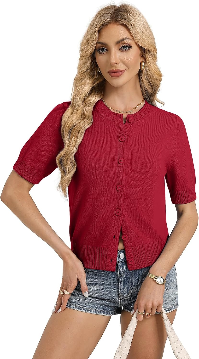 image:imageGRACE KARIN Womens Casual Short Sleeve Cardigan Summer Button Up Sweater 2026 Button Down Cropped Shrug SweaterCrew Neck Ribbed Knit Sweaters Suitable for daliybusiness casualofficeRed