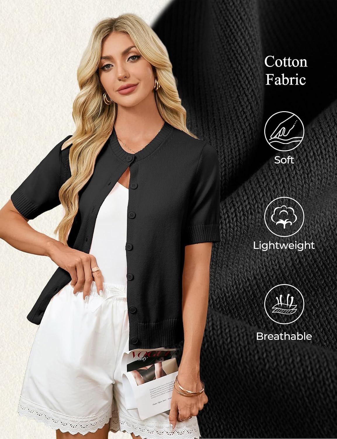 image:imageGRACE KARIN Womens Casual Short Sleeve Cardigan Summer Button Up Sweater 2026 Button Down Cropped Shrug SweaterCrew Neck Ribbed Knit Sweaters Suitable for daliybusiness casualofficeBlack