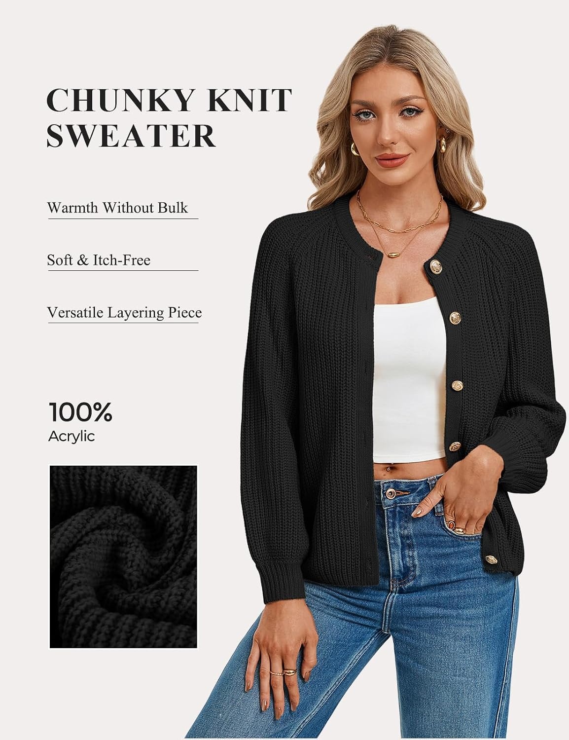image:imageGRACE KARIN Womens Chunky Knit Open Front Sweater Long Sleeve Button Down Cardigan Outerwear Coats Fall Fashion 2026Black