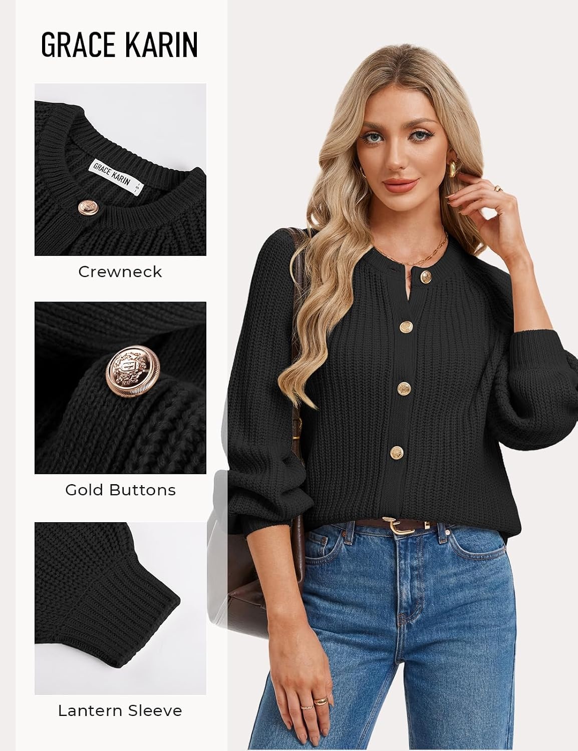 image:imageGRACE KARIN Womens Chunky Knit Open Front Sweater Long Sleeve Button Down Cardigan Outerwear Coats Fall Fashion 2026Black
