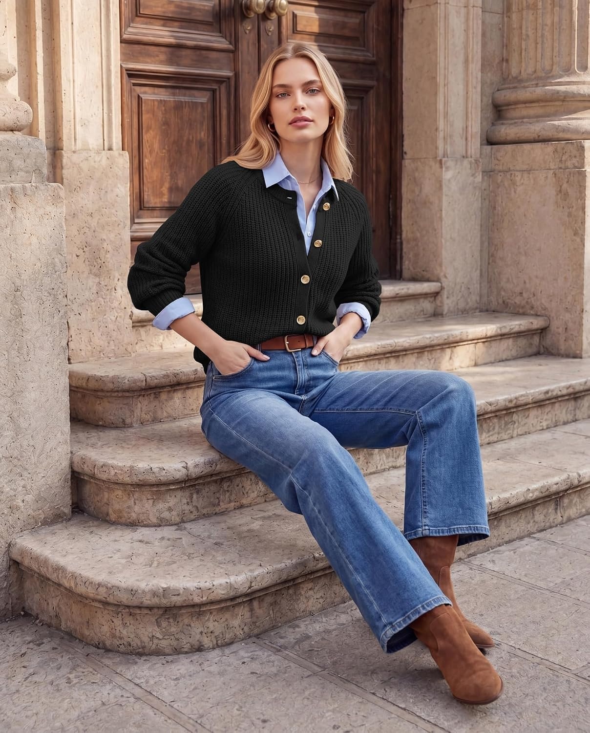image:imageGRACE KARIN Womens Chunky Knit Open Front Sweater Long Sleeve Button Down Cardigan Outerwear Coats Fall Fashion 2026Black