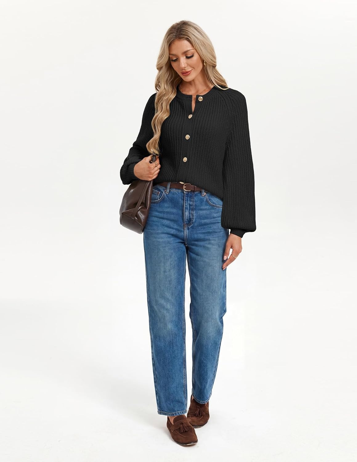 image:imageGRACE KARIN Womens Chunky Knit Open Front Sweater Long Sleeve Button Down Cardigan Outerwear Coats Fall Fashion 2026Black