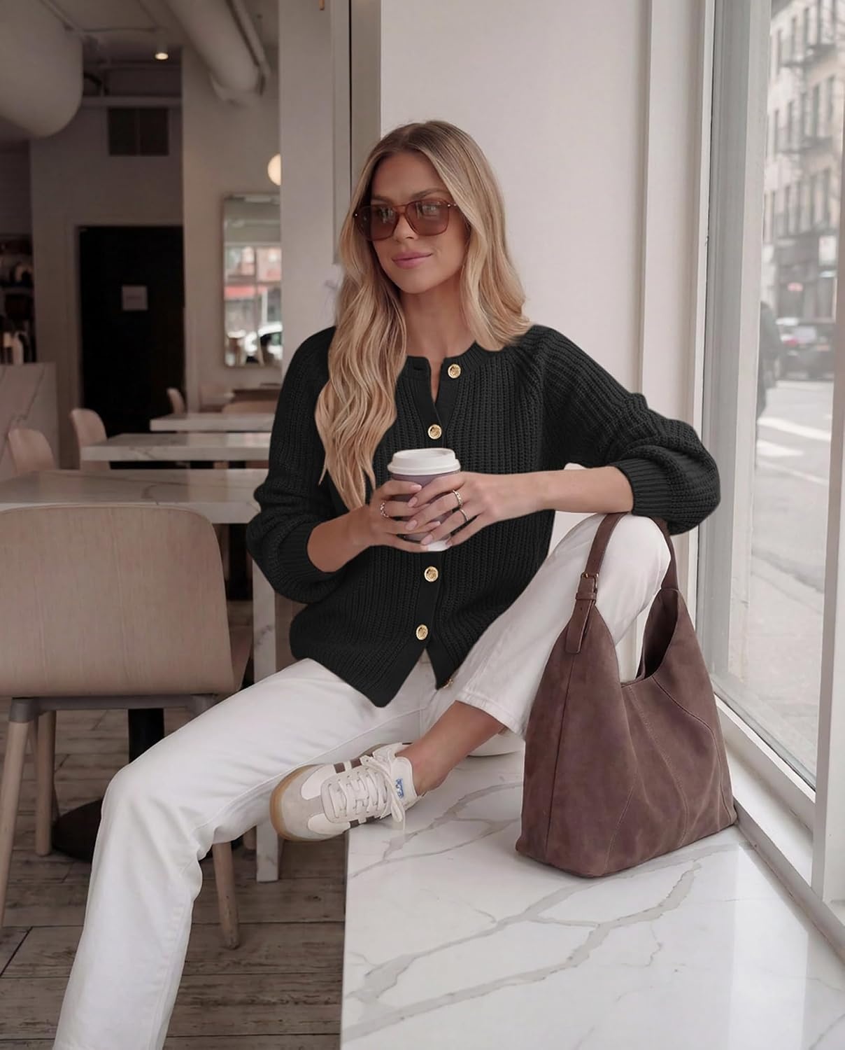 image:imageGRACE KARIN Womens Chunky Knit Open Front Sweater Long Sleeve Button Down Cardigan Outerwear Coats Fall Fashion 2026Black