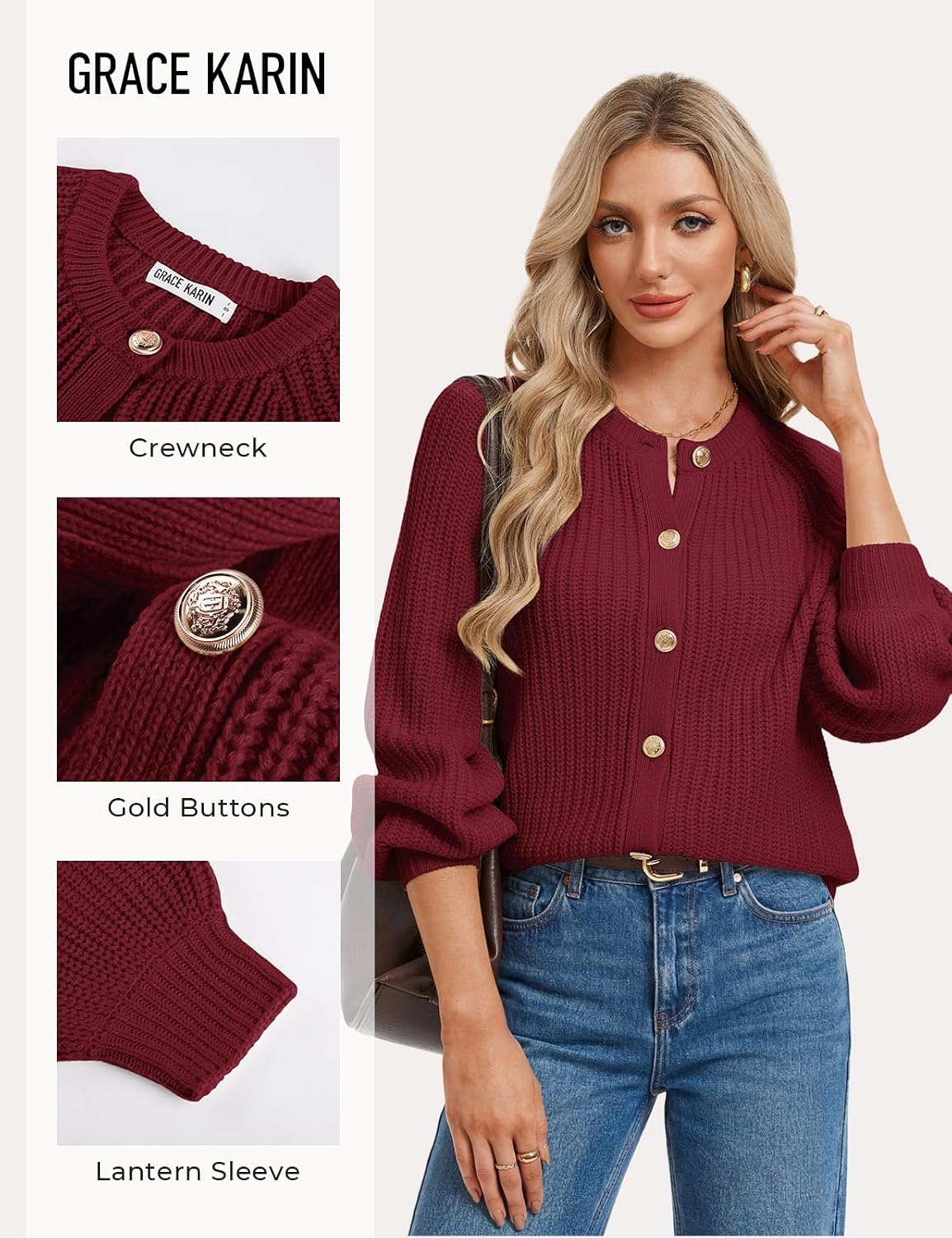 image:imageGRACE KARIN Womens Chunky Knit Open Front Sweater Long Sleeve Button Down Cardigan Outerwear Coats Fall Fashion 2026Burgundy