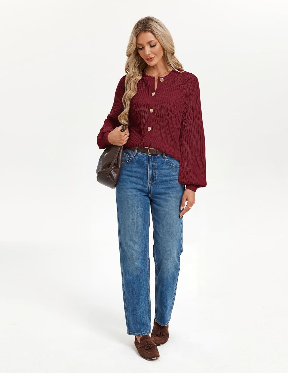 image:imageGRACE KARIN Womens Chunky Knit Open Front Sweater Long Sleeve Button Down Cardigan Outerwear Coats Fall Fashion 2026Burgundy