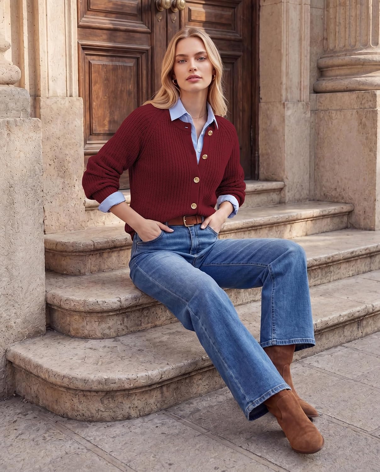 image:imageGRACE KARIN Womens Chunky Knit Open Front Sweater Long Sleeve Button Down Cardigan Outerwear Coats Fall Fashion 2026Burgundy