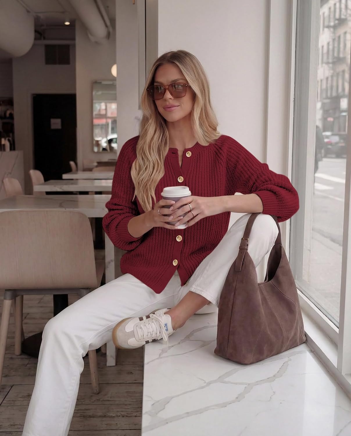 image:imageGRACE KARIN Womens Chunky Knit Open Front Sweater Long Sleeve Button Down Cardigan Outerwear Coats Fall Fashion 2026Burgundy