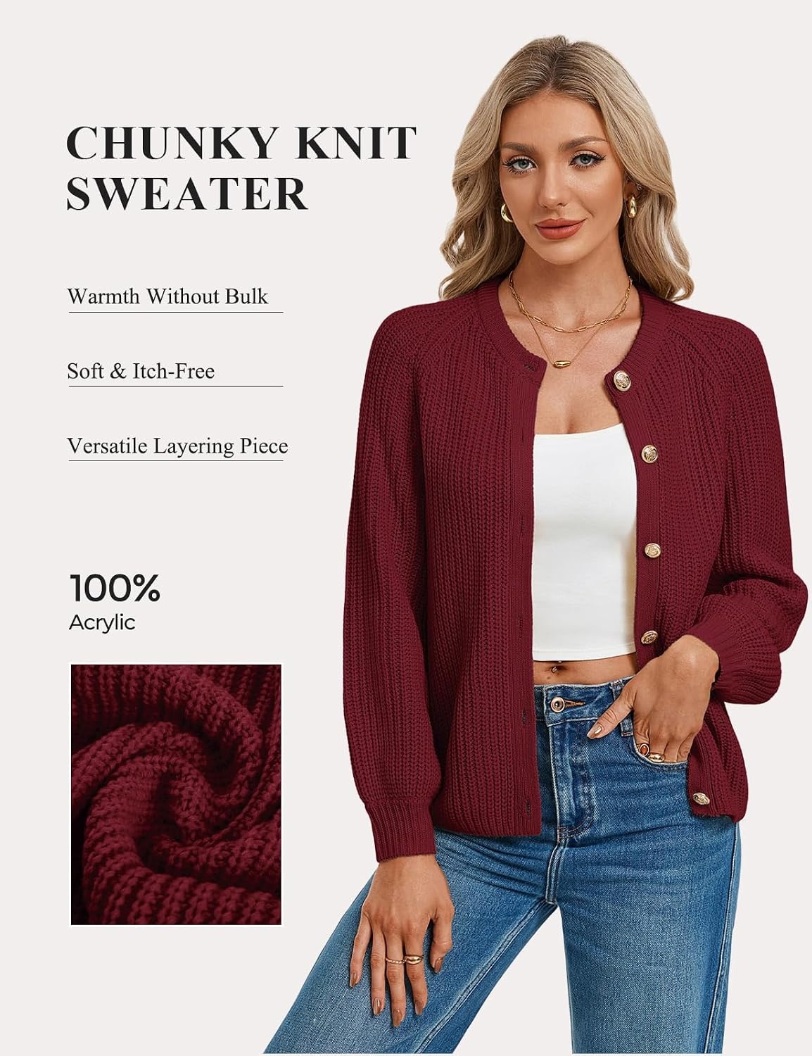 image:imageGRACE KARIN Womens Chunky Knit Open Front Sweater Long Sleeve Button Down Cardigan Outerwear Coats Fall Fashion 2026Burgundy
