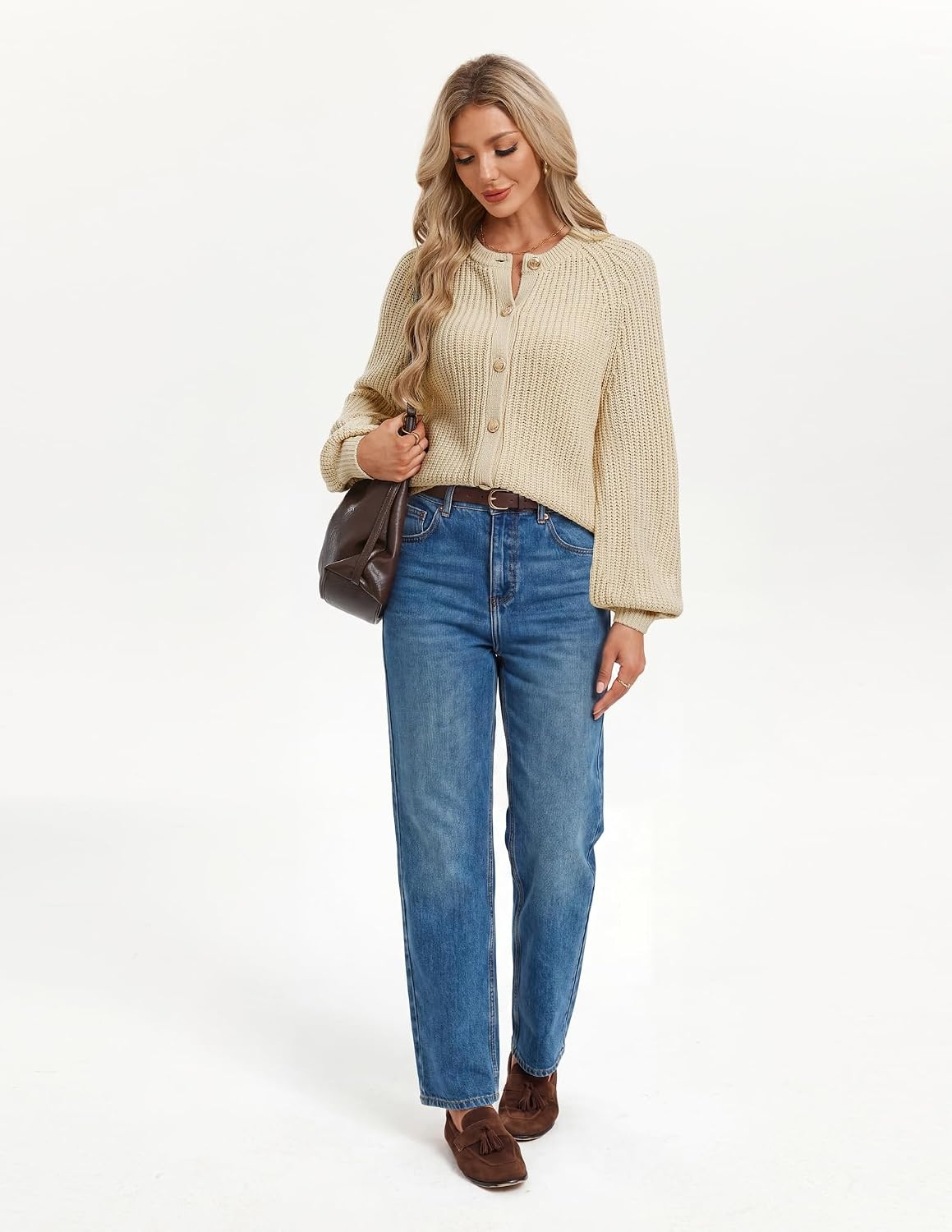 image:imageGRACE KARIN Womens Chunky Knit Open Front Sweater Long Sleeve Button Down Cardigan Outerwear Coats Fall Fashion 2026Light Camel