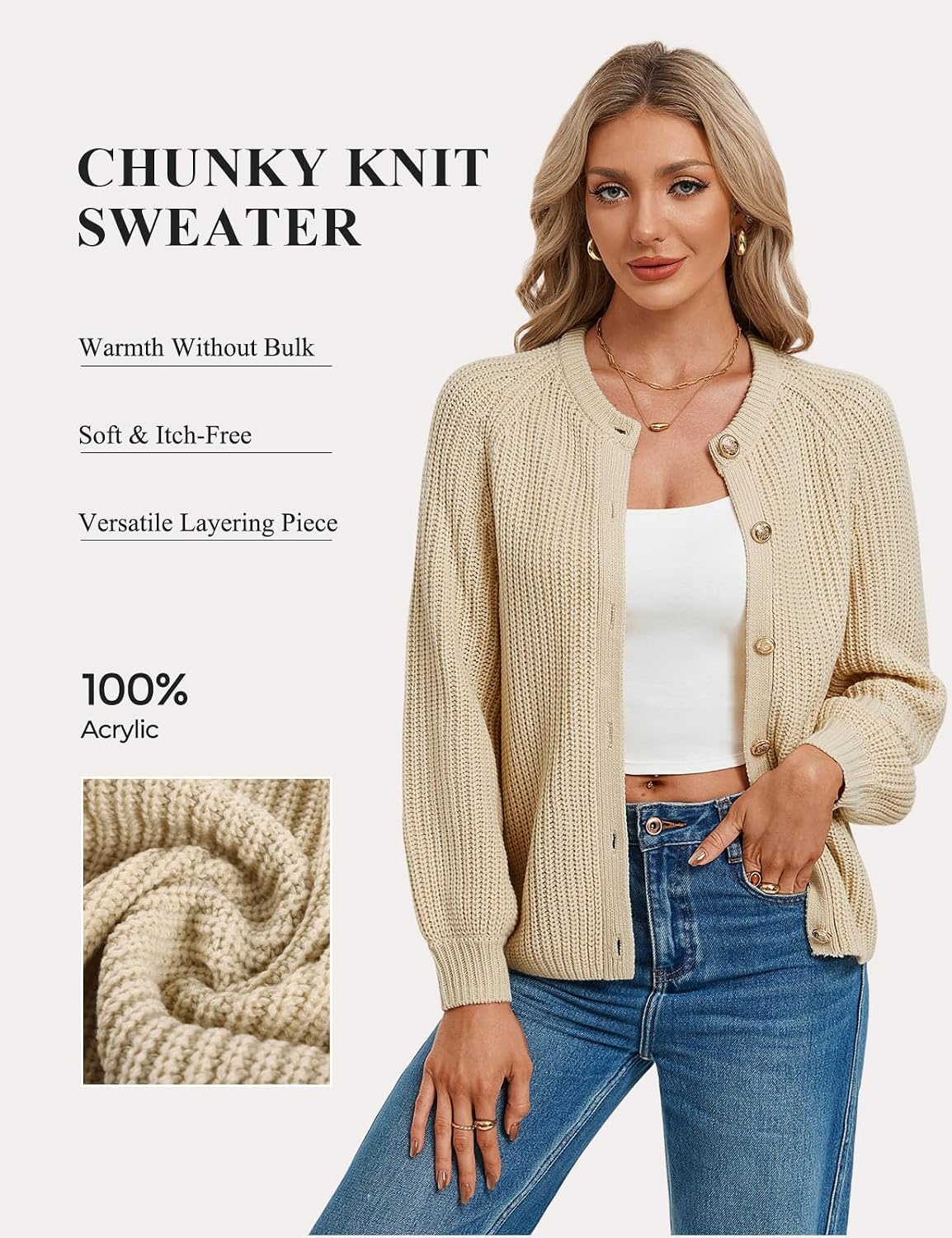 image:imageGRACE KARIN Womens Chunky Knit Open Front Sweater Long Sleeve Button Down Cardigan Outerwear Coats Fall Fashion 2026Light Camel