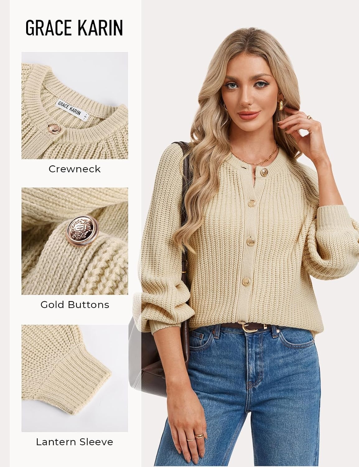 image:imageGRACE KARIN Womens Chunky Knit Open Front Sweater Long Sleeve Button Down Cardigan Outerwear Coats Fall Fashion 2026Light Camel