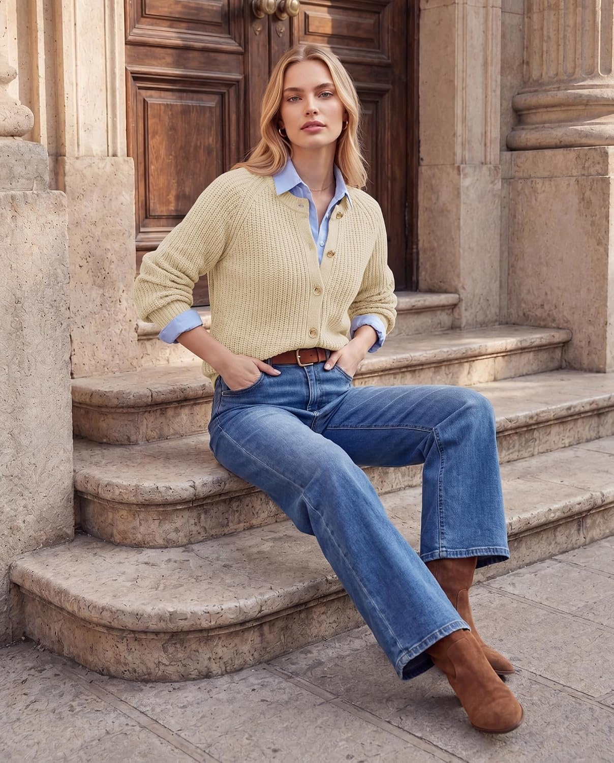 image:imageGRACE KARIN Womens Chunky Knit Open Front Sweater Long Sleeve Button Down Cardigan Outerwear Coats Fall Fashion 2026Light Camel