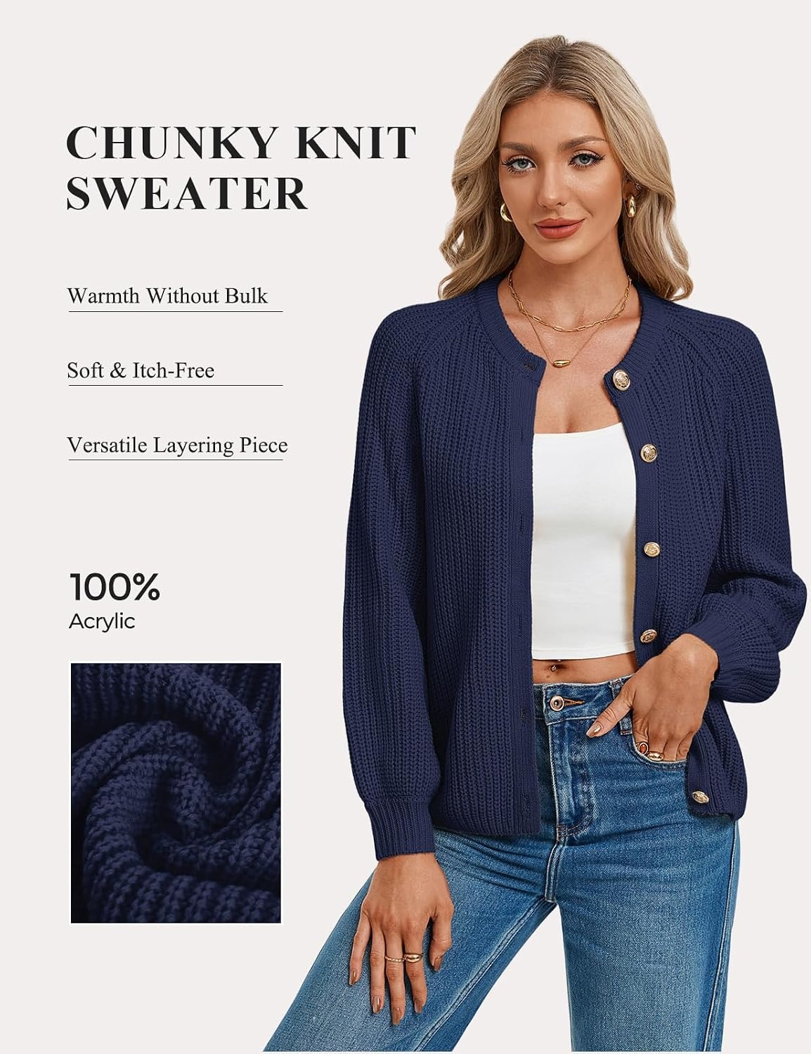 image:imageGRACE KARIN Womens Chunky Knit Open Front Sweater Long Sleeve Button Down Cardigan Outerwear Coats Fall Fashion 2026Navy Blue