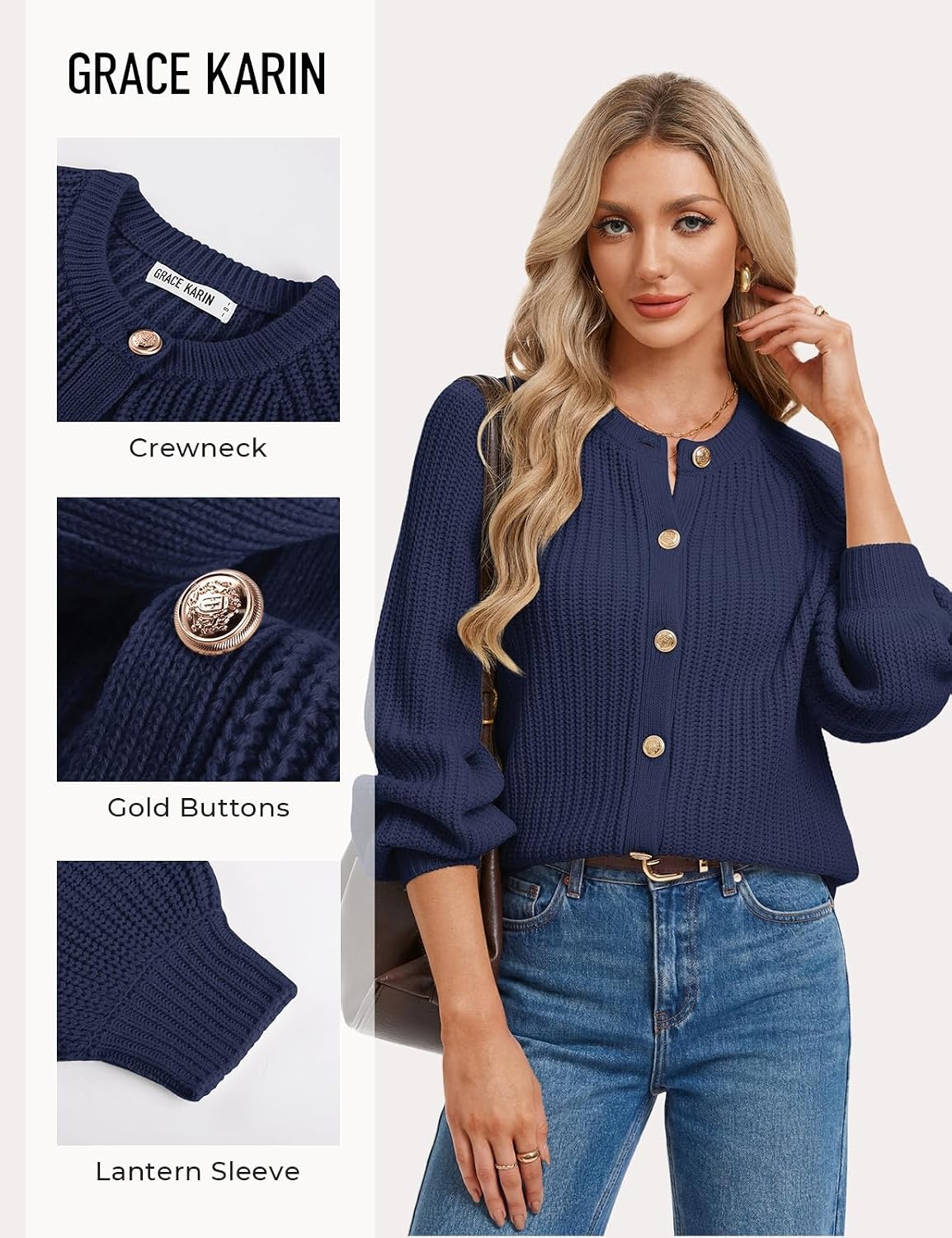 image:imageGRACE KARIN Womens Chunky Knit Open Front Sweater Long Sleeve Button Down Cardigan Outerwear Coats Fall Fashion 2026Navy Blue