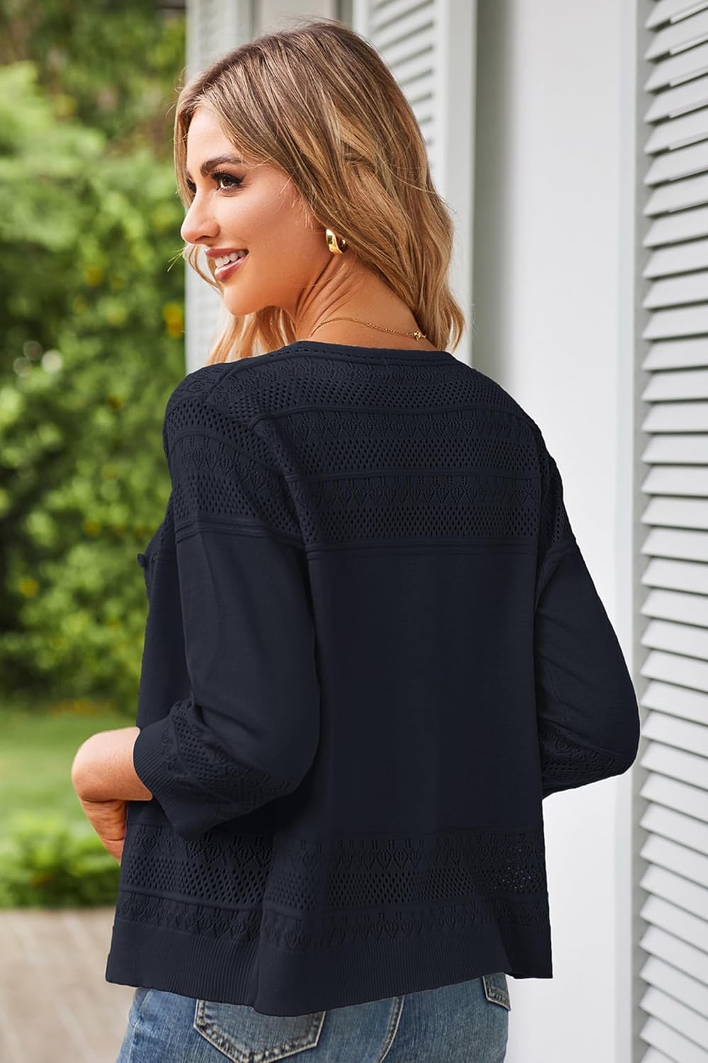 image:imageGRACE KARIN Womens Cropped Cardigans Lightweight Shrugs Summer 34 Sleeve Crochet Tops 2026 HollowedOut Knit Sweater Dressy Casual Solid Color CardiganDark Blue