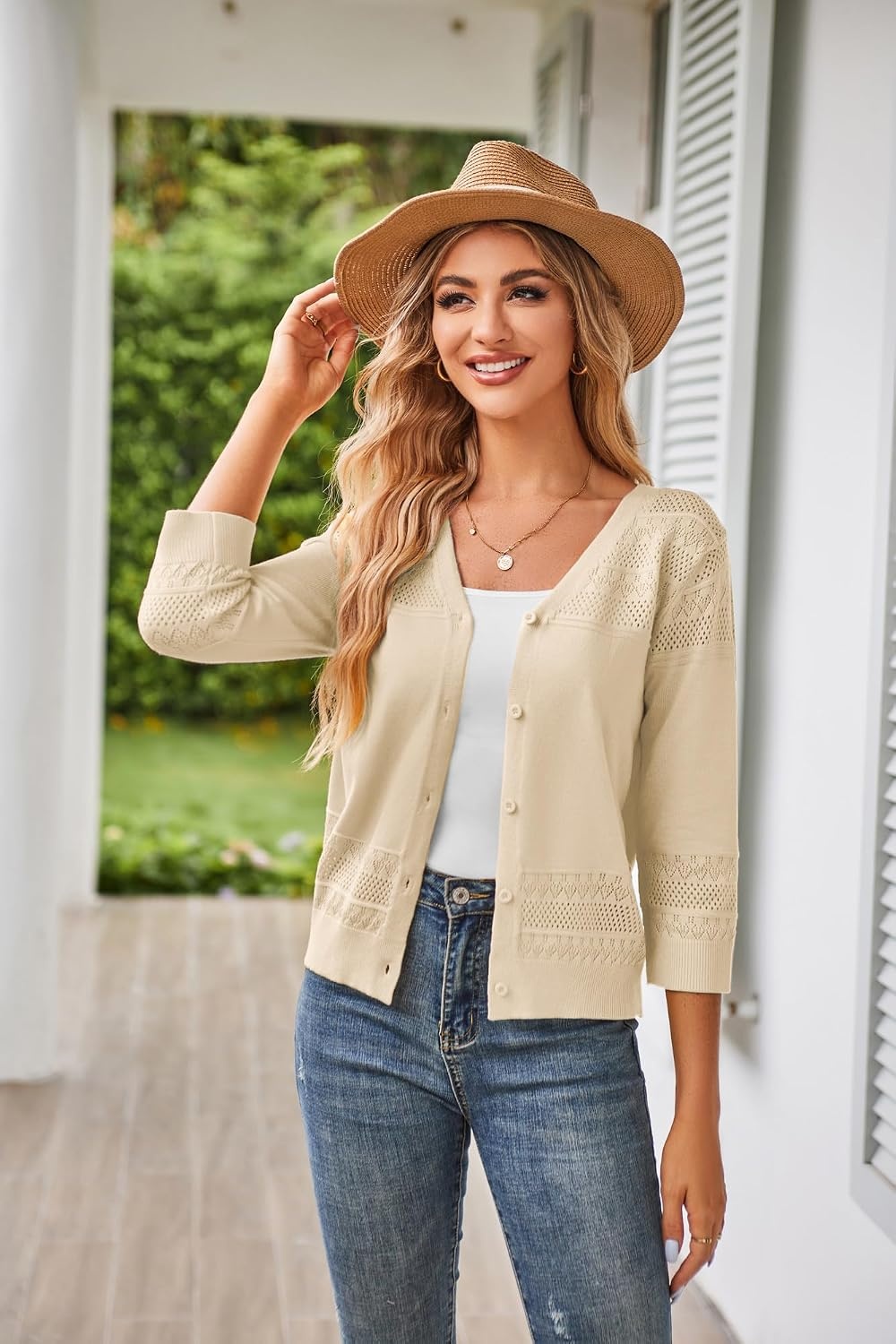 image:imageGRACE KARIN Womens Cropped Cardigans Lightweight Shrugs Summer 34 Sleeve Crochet Tops 2026 HollowedOut Knit Sweater Dressy Casual Solid Color CardiganLight Apricot